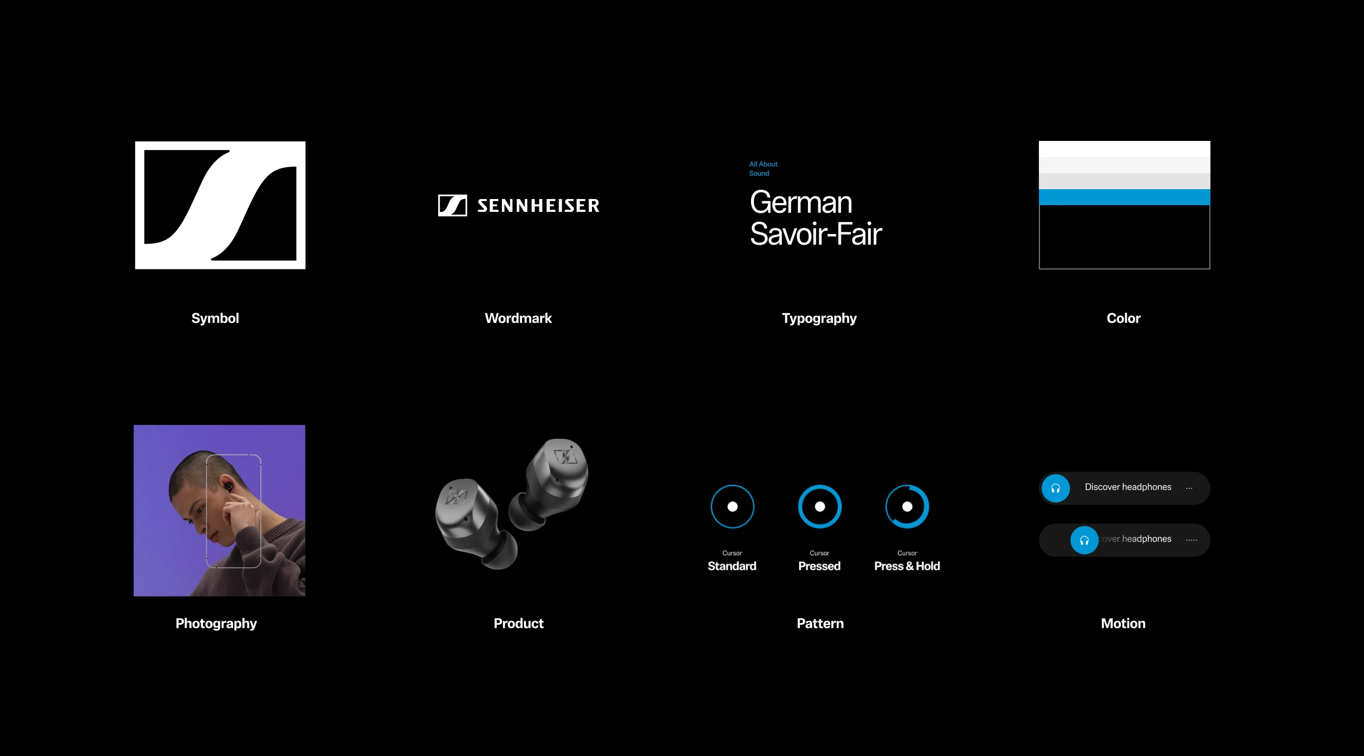A black background with eight sections displaying Sennheiser brand elements: logo symbol, wordmark, typography, color palette, close-up portrait, wireless earbuds, button patterns, and app motion interface.