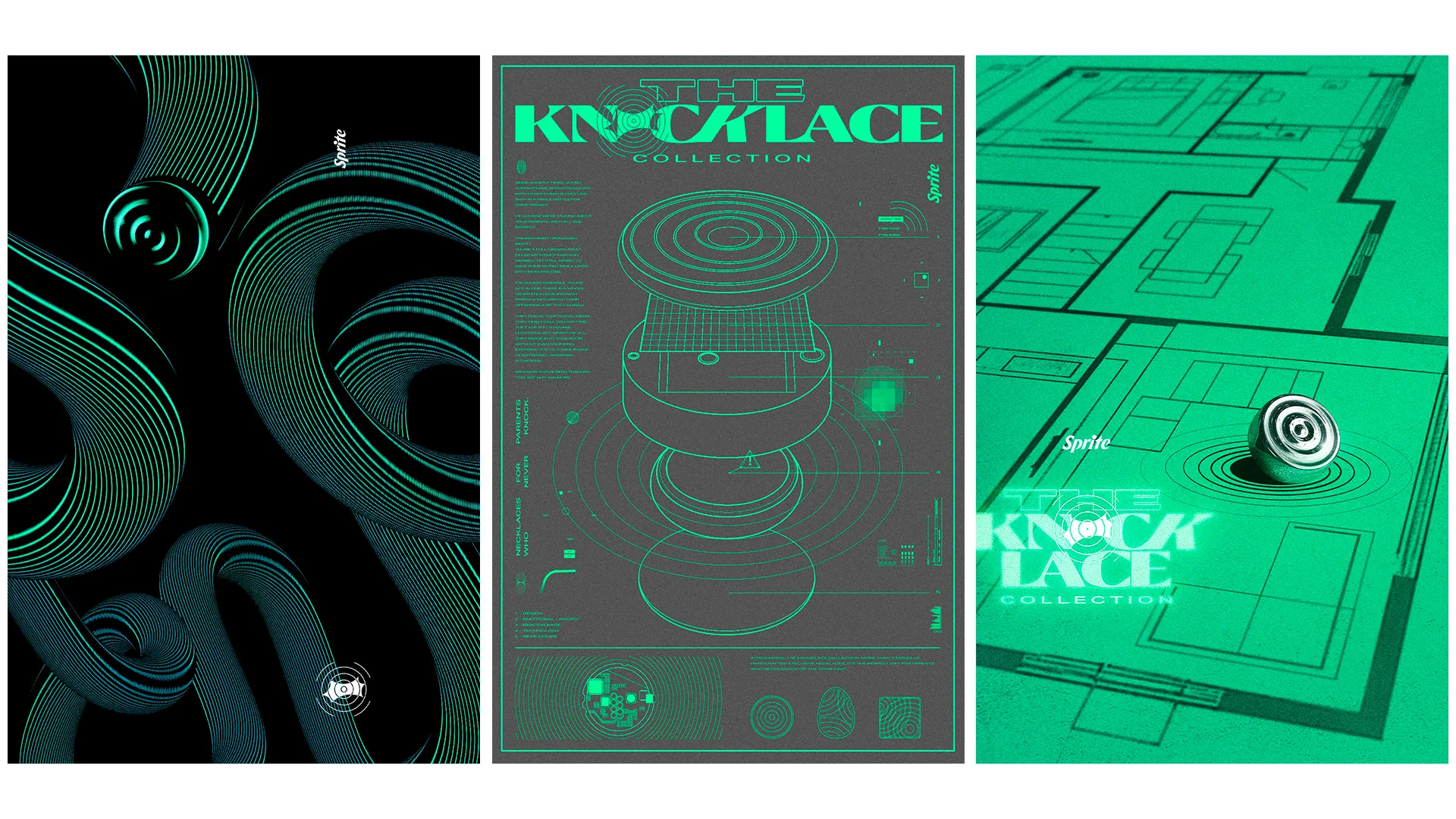 Three futuristic posters in green and black tones featuring abstract swirling patterns, the text THE KNOCKLACE COLLECTION, circuit-like designs, and Sprite branding elements.