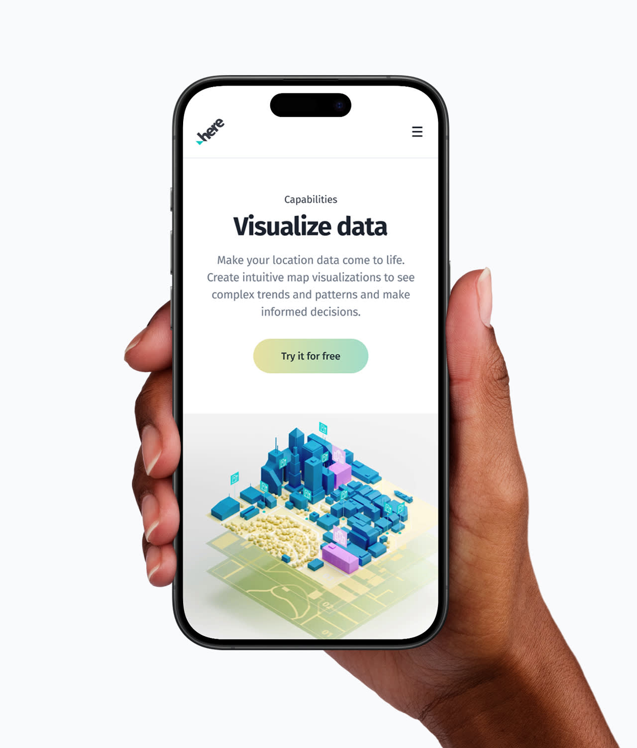 A hand holding a smartphone displaying a webpage titled Visualize data with a 3D map illustration and a yellow Try it for free button below the text.