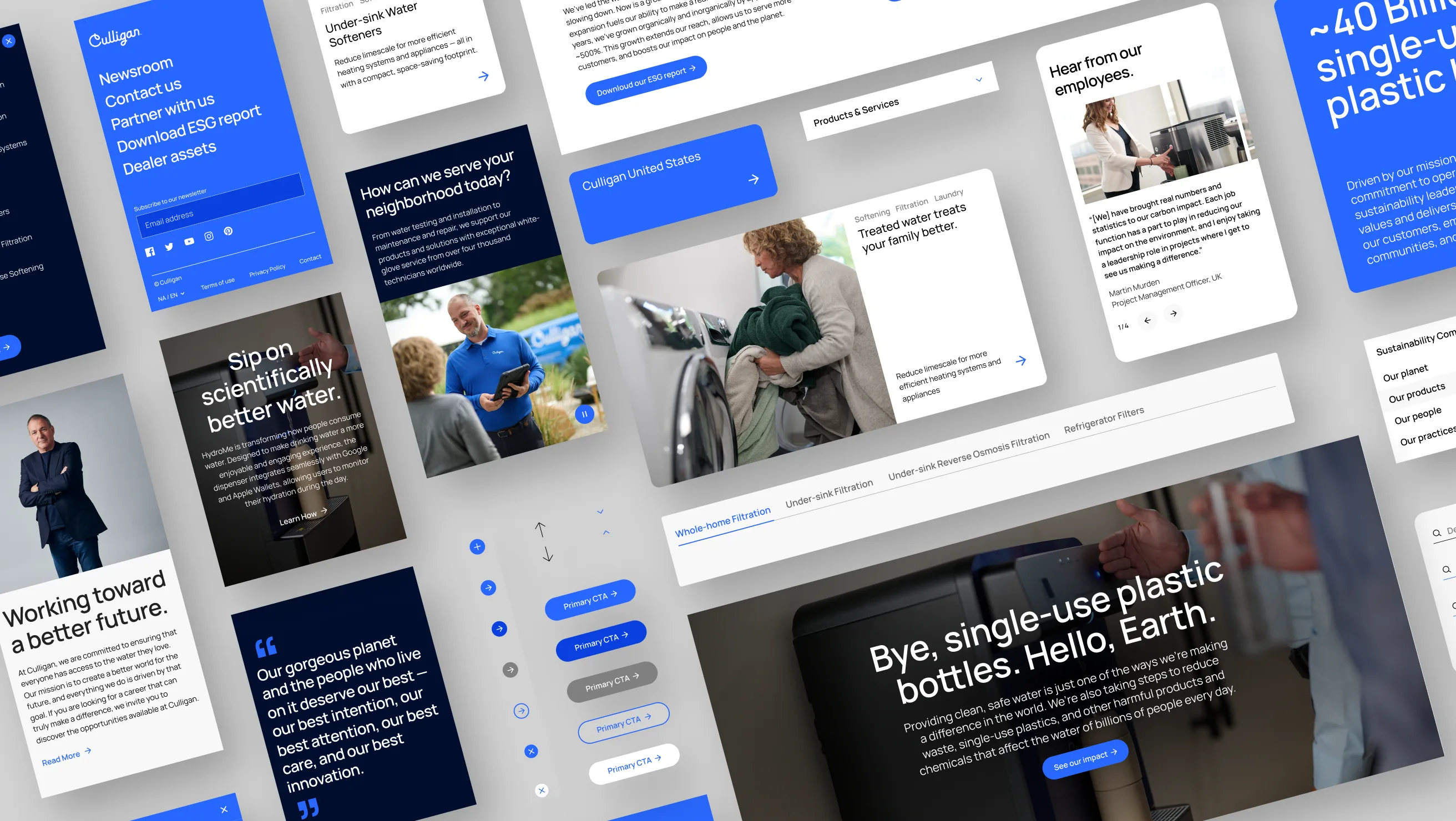 A collage of website interface designs for a water bottle company, featuring blue, black, and white elements, images of people with bottles, text about sustainability, navigation menus, and promotional messages.