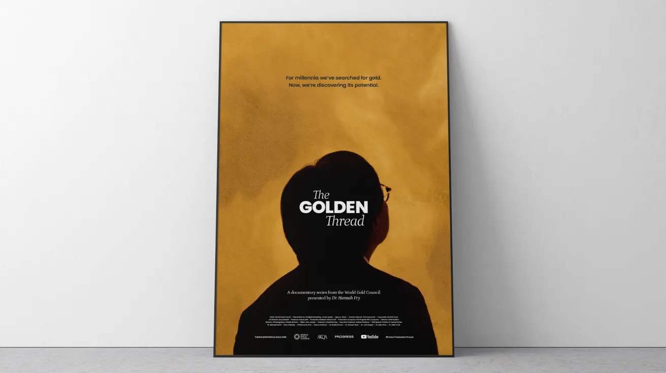 A poster for The Golden Thread shows a silhouette of a person against a gold background, with the film title and tagline: For millennia weve searched for gold. Now, were discovering its potential.