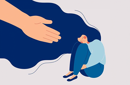 Illustration of a person sitting curled up with knees to chest, looking sad, while a large hand reaches out toward them, symbolizing support or help.