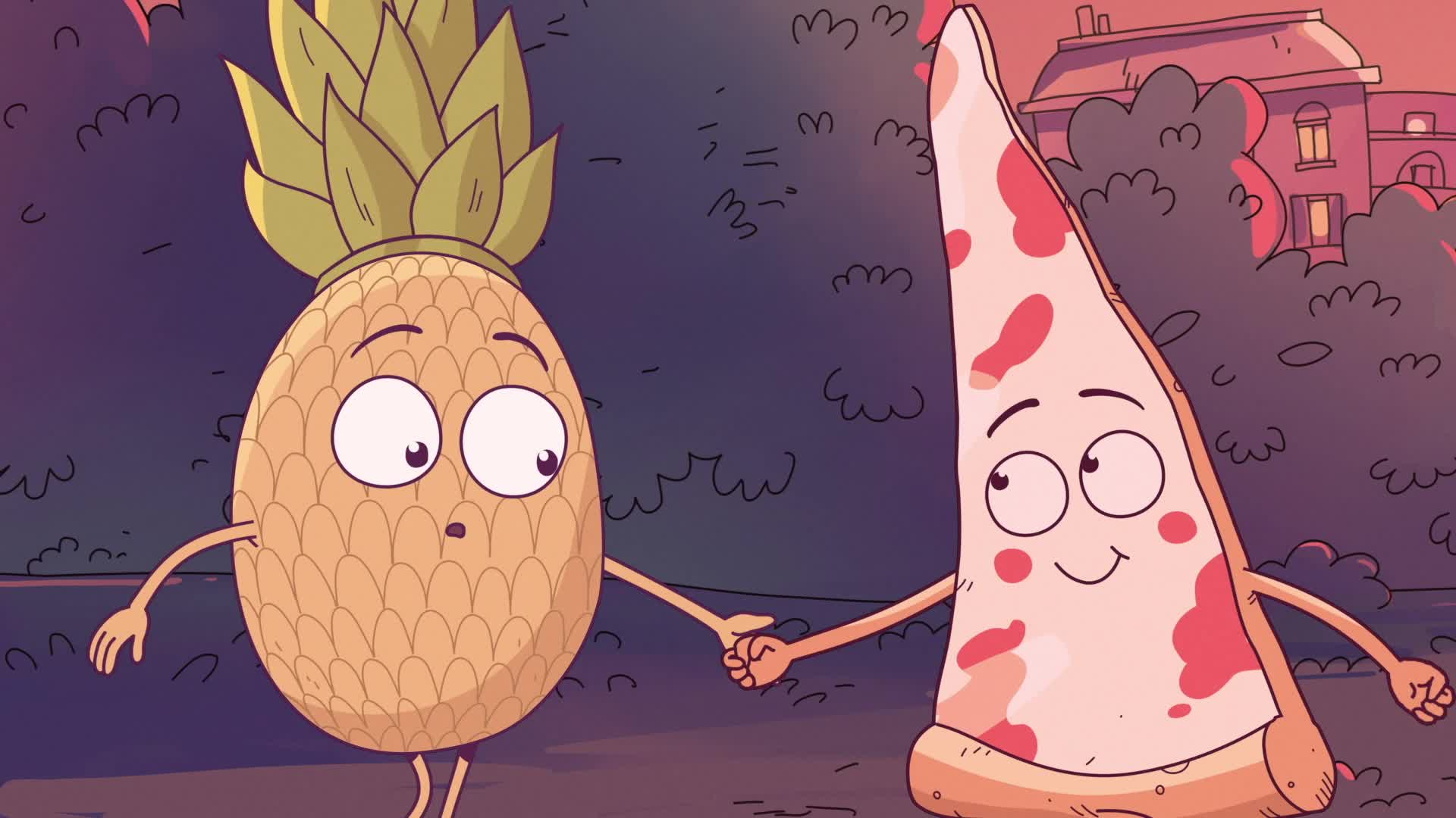 A cartoon pineapple and a slice of pizza, both with faces and arms, hold hands and walk together in a park at sunset with bushes and a building in the background.