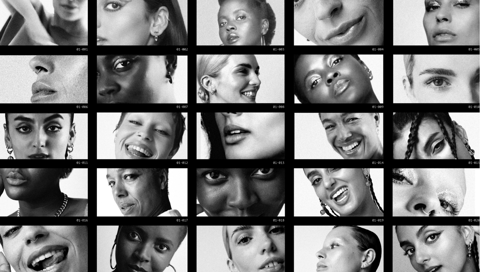 A black and white collage of close-up portraits and facial features of diverse women, each with unique expressions, displayed in a grid pattern.