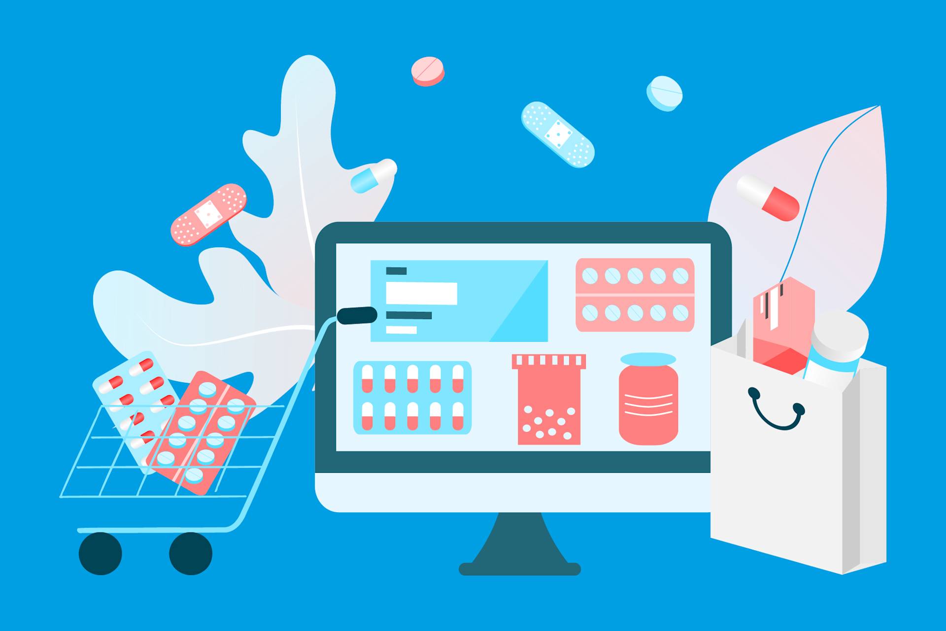 A computer monitor displays images of medications. Next to it, a shopping cart with blister packs and a shopping bag with medicine bottles represent online pharmacy and digital healthcare services, with pills and bandages floating around.