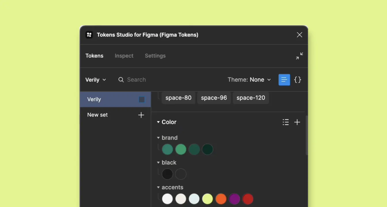 A screenshot of the Tokens Studio for Figma plugin interface showing theme options and color tokens, including brand, black, and accent colors, against a light yellow background.