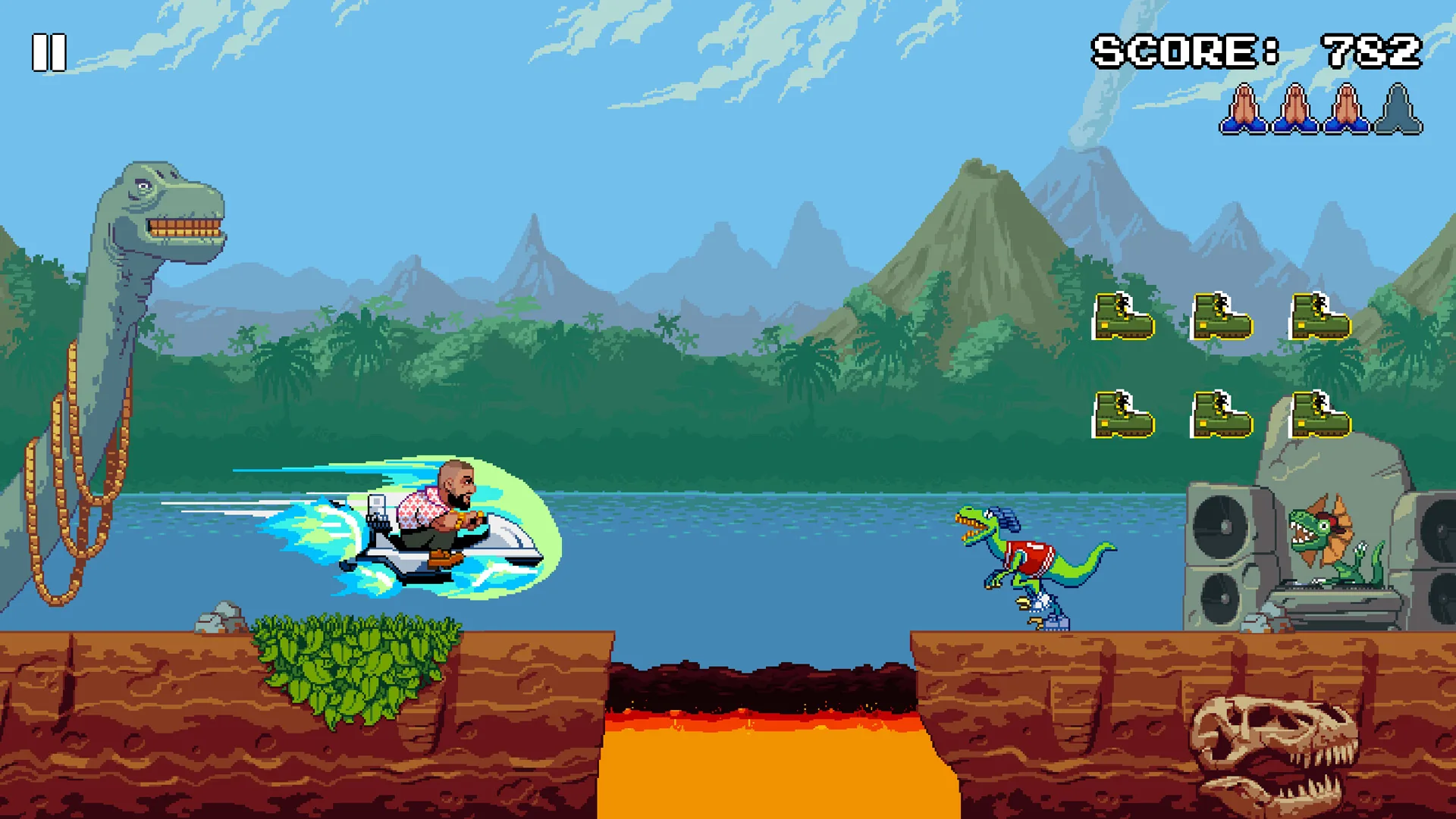 A pixel art video game scene shows a muscular man riding a hoverboard toward a velociraptor with headphones. A dinosaur statue with gold chains, lava, score, and collectible gold boots are visible in a prehistoric landscape.