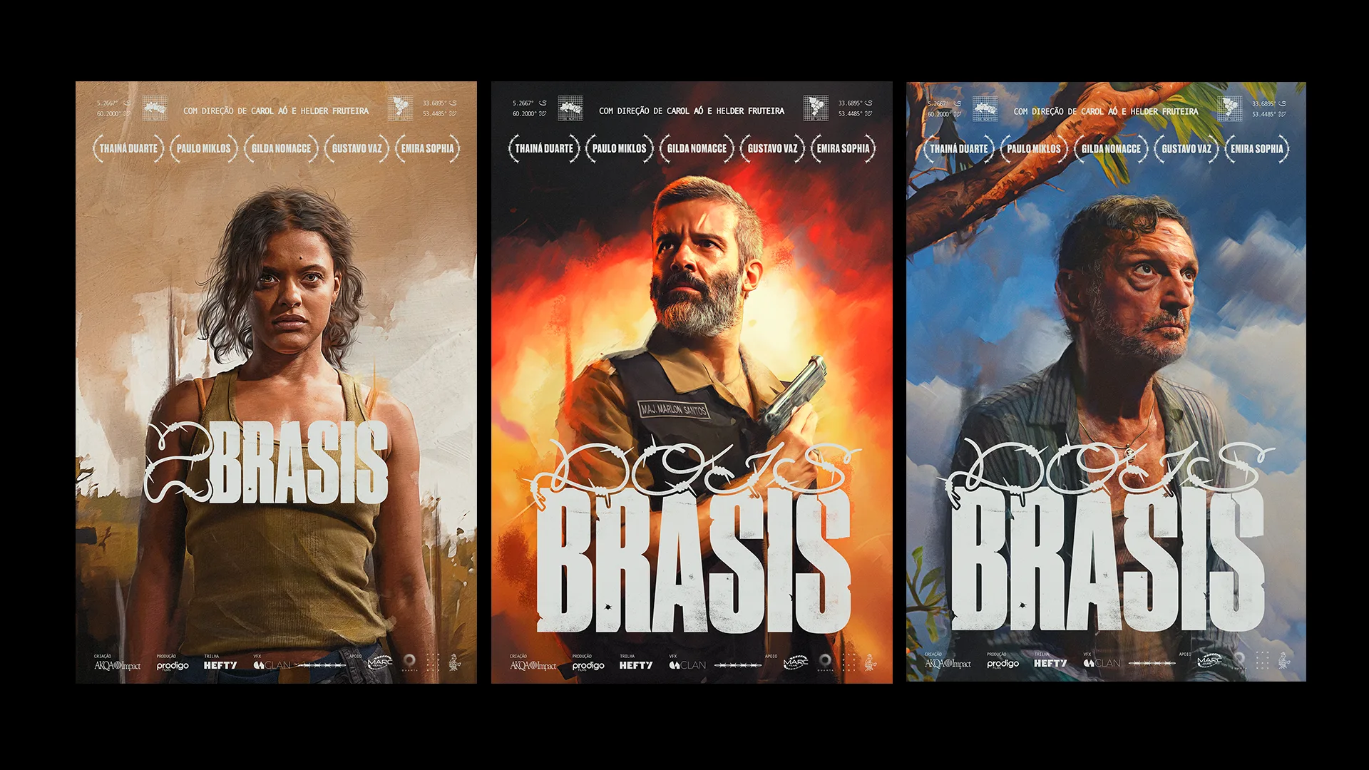Three movie posters for Dois Brasis show a young woman, a man in a police vest holding a gun, and an older man against dramatic painted backgrounds, each with the film title in bold white text.