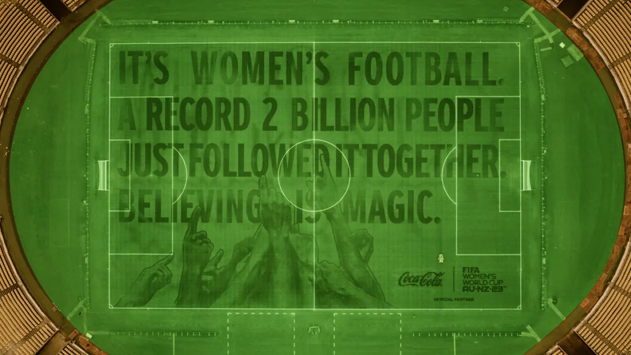A football field at night displays a message on the grass: ITS WOMENS FOOTBALL. A RECORD 2 BILLION PEOPLE JUST FOLLOWED IT TOGETHER. BELIEVE IN MAGIC. Hands are raised in celebration. FIFA and Coca-Cola logos appear at the bottom.