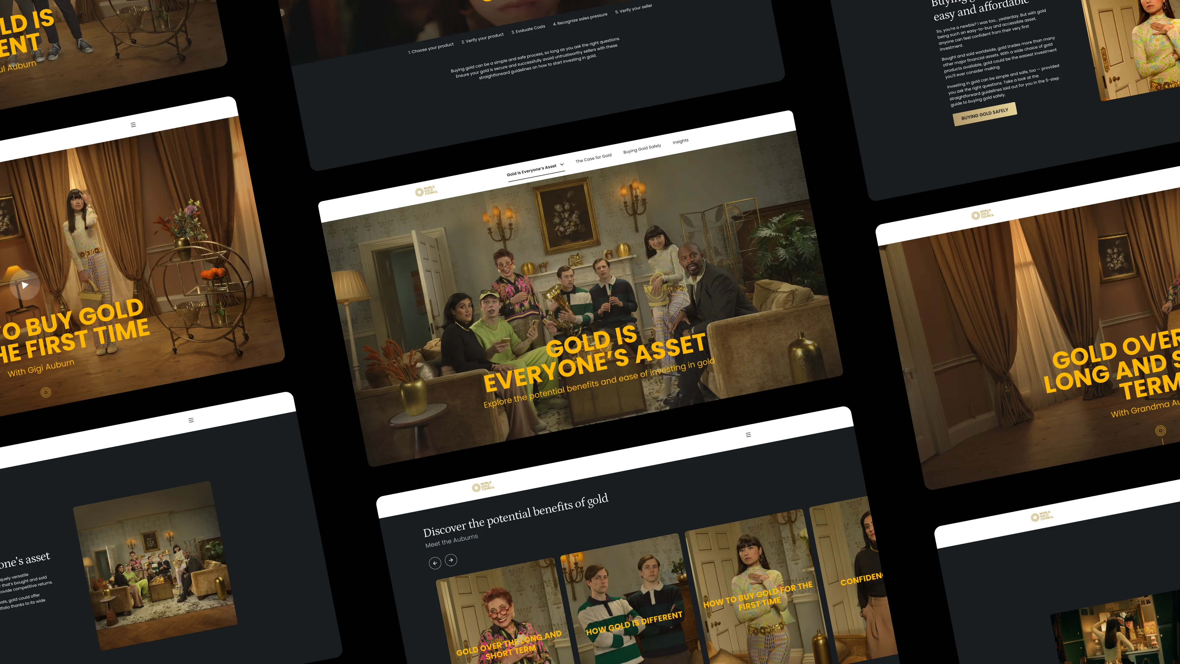 A collage of website mockups featuring diverse people in vintage living rooms, with bold yellow text about gold investment, such as Gold is everyones asset, on dark backgrounds with gold accents.