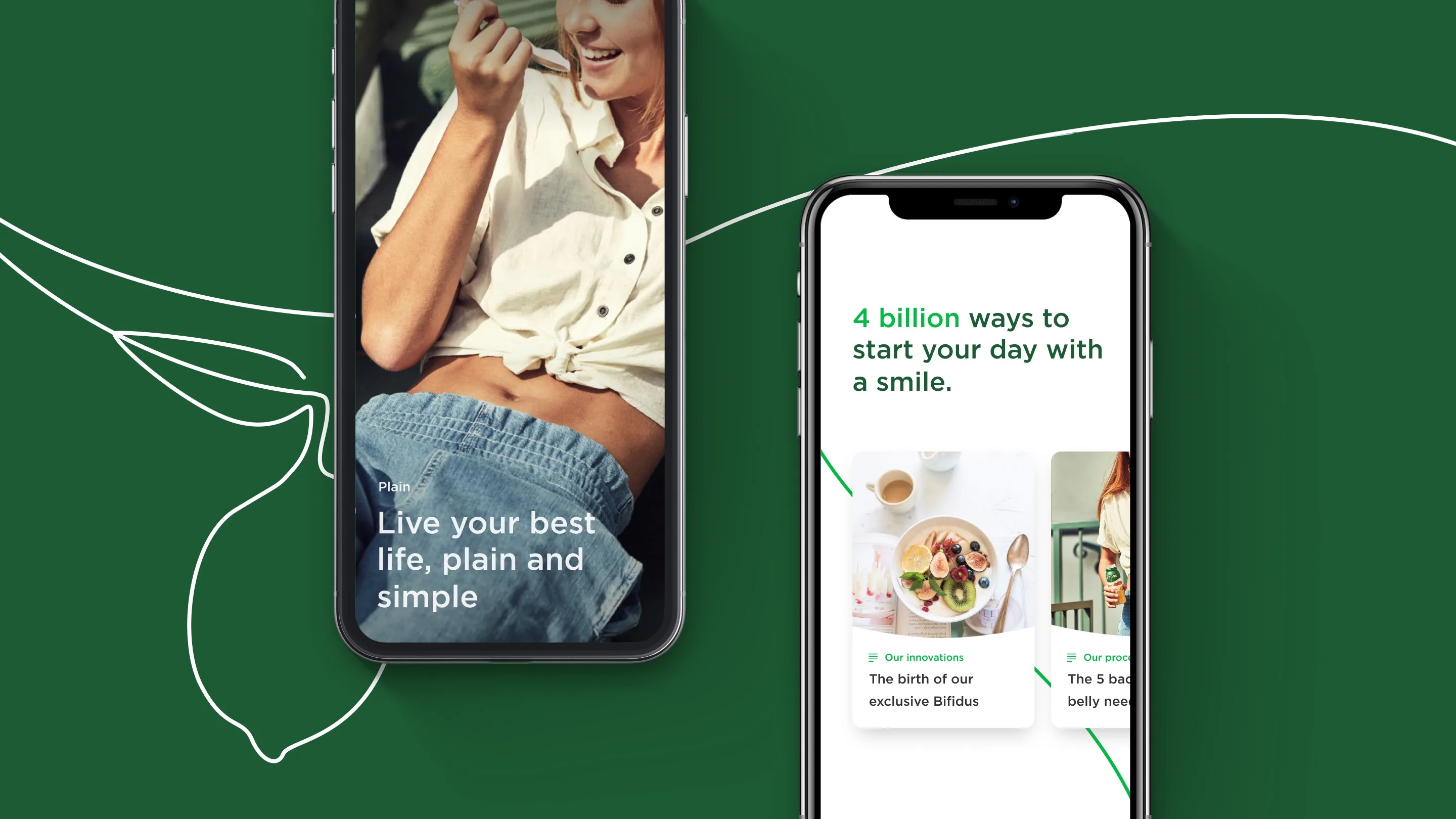Two smartphones on a green background with white line art. One shows a smiling person in a casual shirt; the other displays a wellness app with health articles and the heading “4 billion ways to start your day with a smile.”.