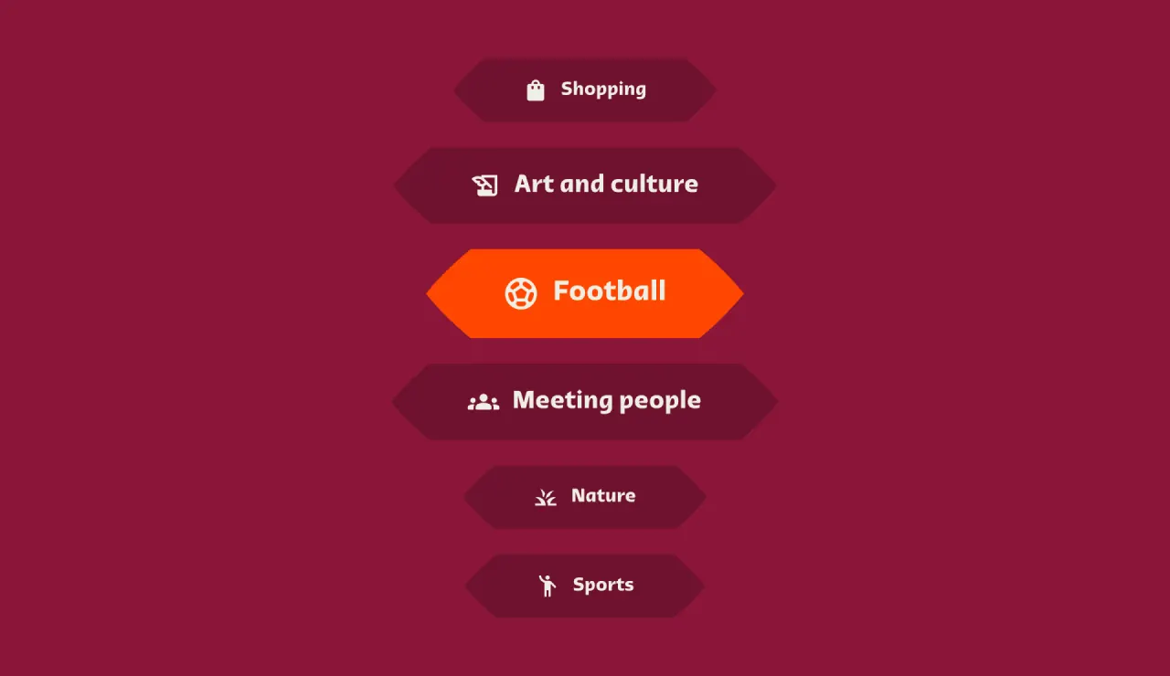 A list of activities on a maroon background: Shopping, Art and culture, Football (highlighted in orange), Meeting people, Nature, and Sports. Each activity has a matching icon.