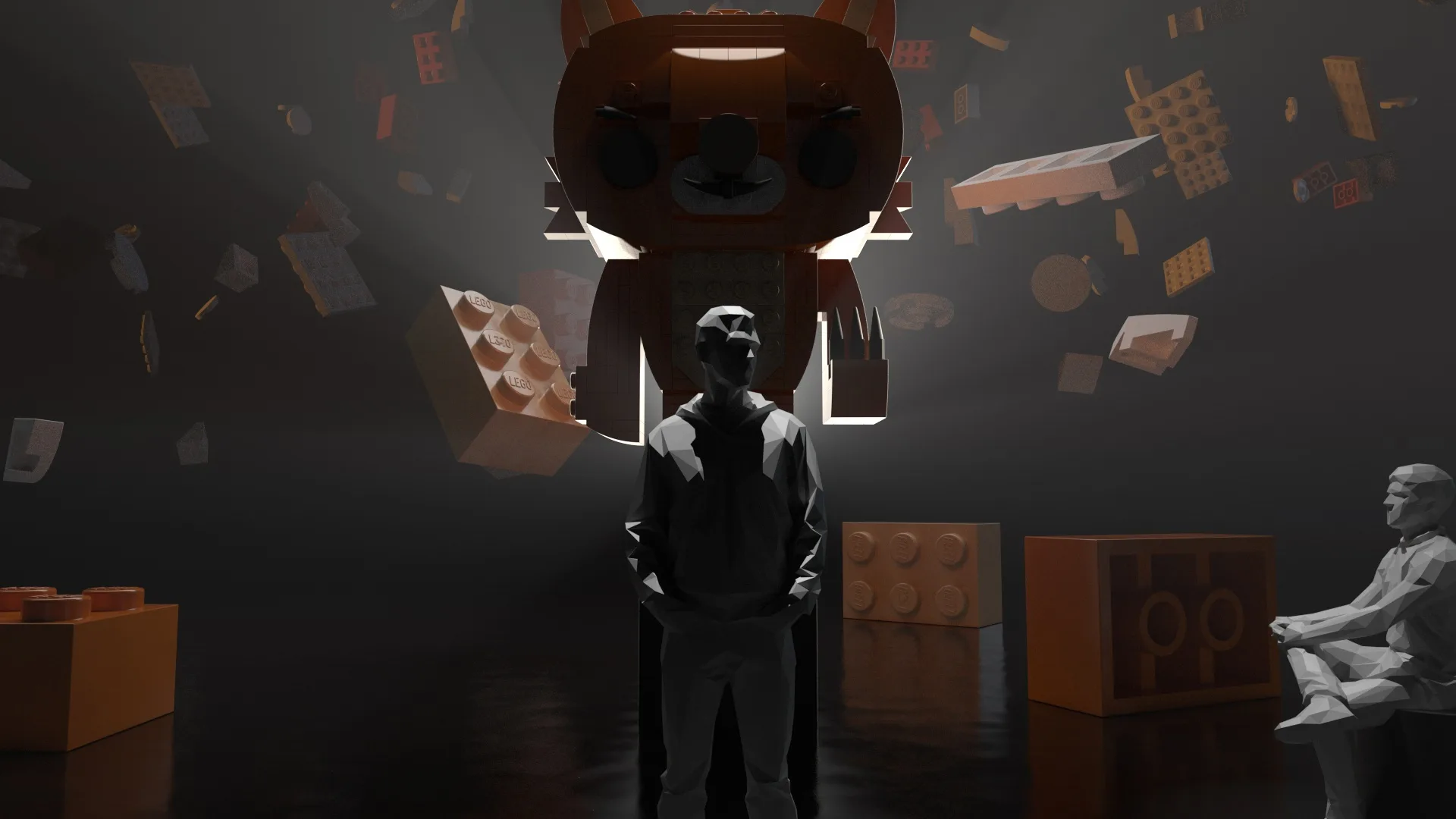 A person stands in shadow beneath a large, illuminated, blocky bear figure with an angry expression, surrounded by floating toy bricks. Another seated figure appears on the right, partially lit. The scene is dramatic and surreal.