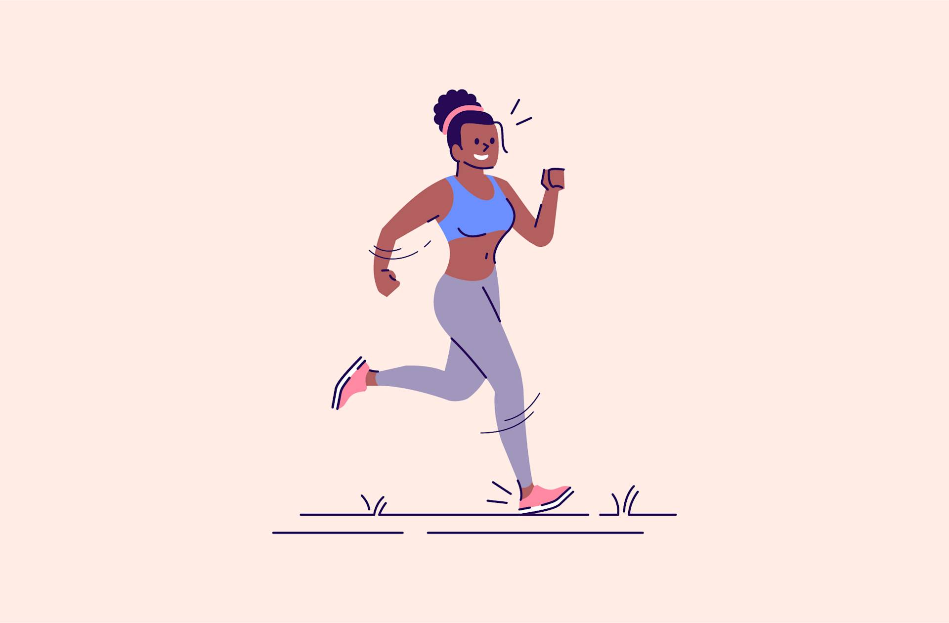 A woman with curly hair in a ponytail, wearing a blue sports bra, gray leggings, and pink sneakers, is running and smiling outdoors on a light background.