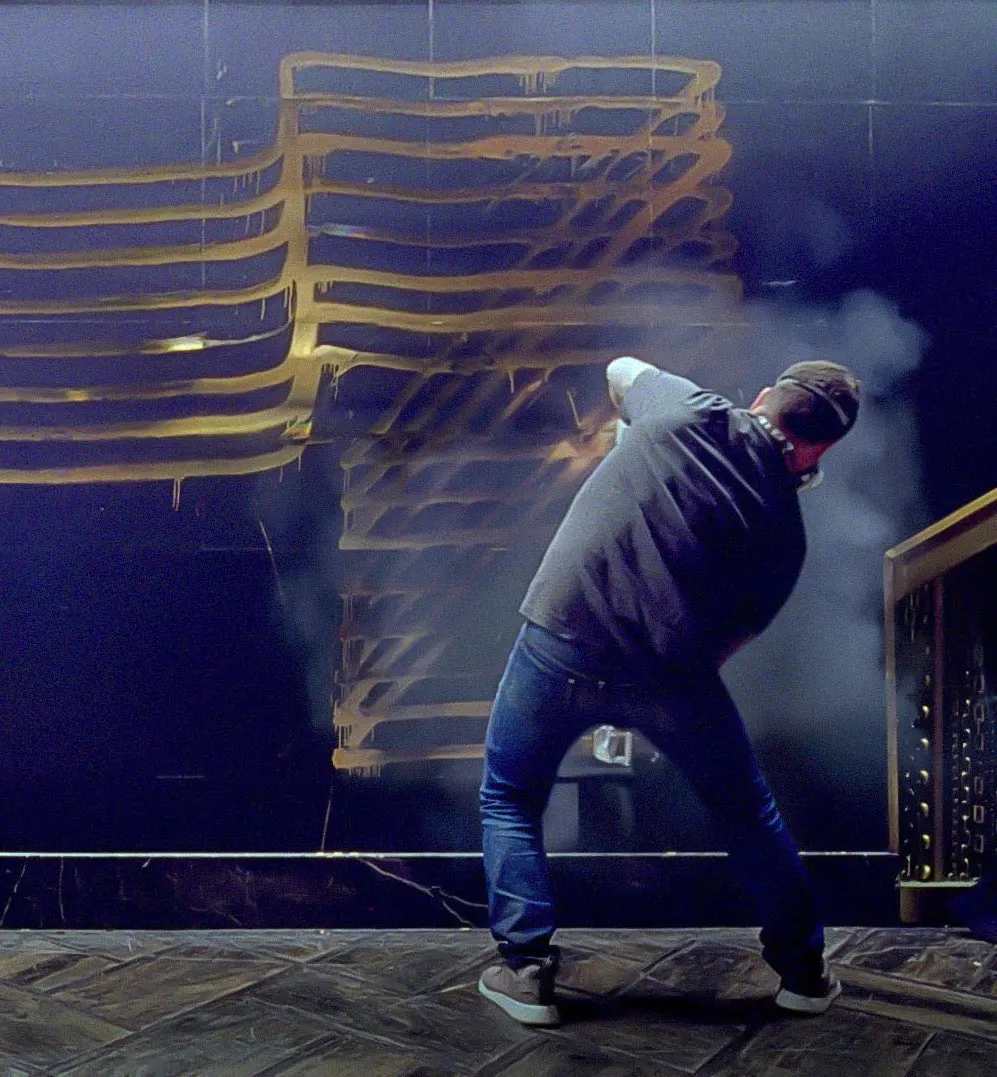 A person in jeans and a jacket spray paints gold lines on a dark wall, creating an abstract design. Smoke or mist surrounds the scene, and part of a railing is visible on the right.