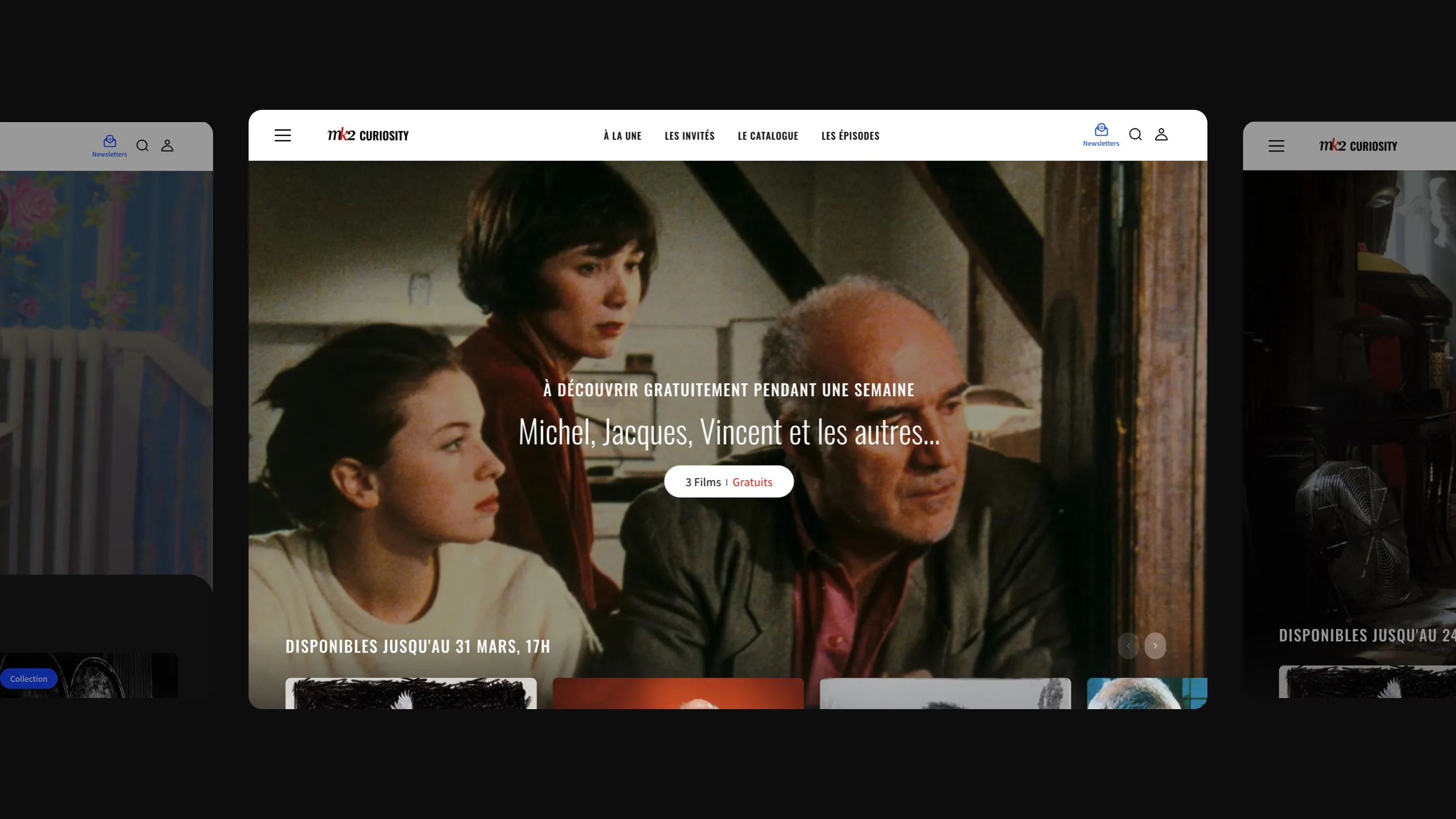 A woman and a young woman sit beside an older man indoors, all looking serious. French text on the image promotes free movies available on a streaming platform called mk2 Curiosity.