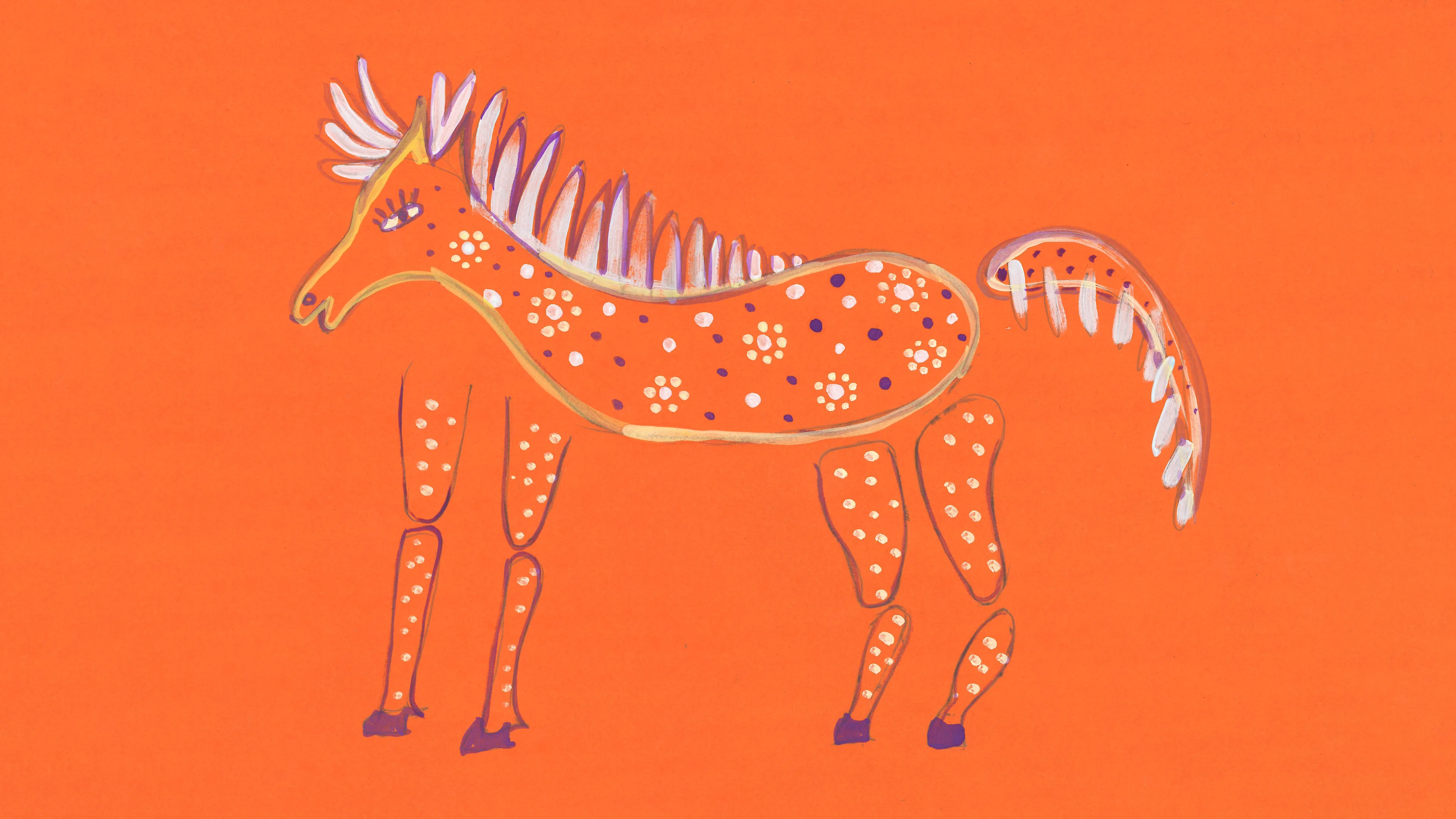 A stylized horse illustration with orange body, white spots, purple-tipped mane and tail, and four separate segmented legs, set against a solid orange background.
