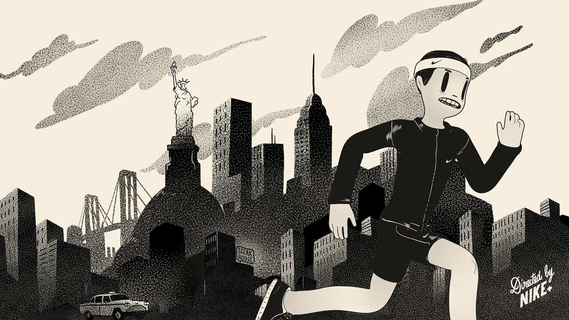 A cartoon runner in athletic gear jogs through a city with skyscrapers, the Statue of Liberty, and a bridge in the background. A car drives on a nearby road. The art is in black and white with a retro comic style.