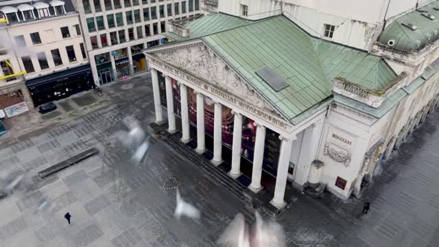 Aerial view of a neoclassical building with tall columns and a green roof, surrounded by an empty, paved square. A few people and several birds in mid-flight are visible in the scene.