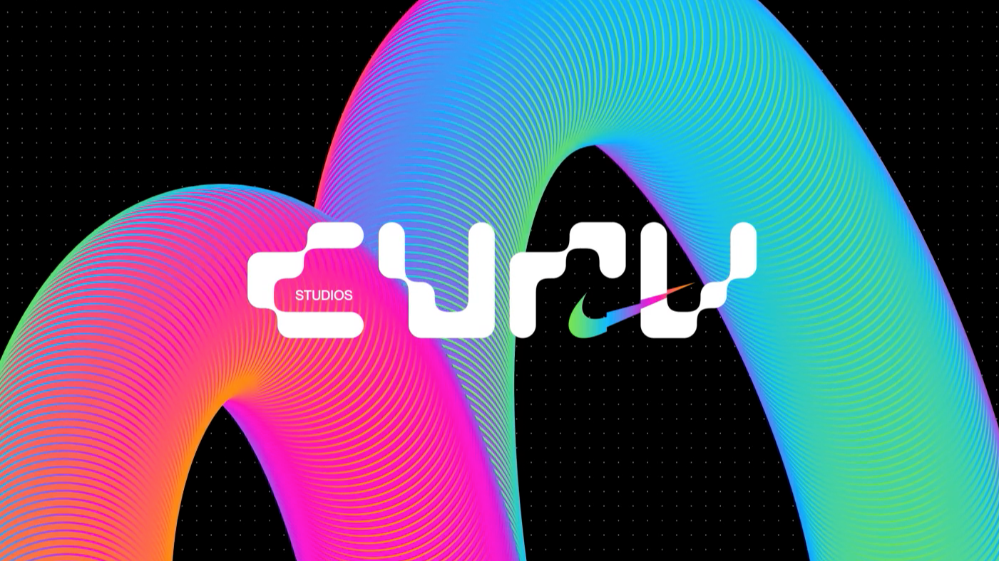 Set on a black background, a multicoloured tube graphic creates an m shape. The tube goes from neon pink and orange to green and blue. The word curv sits centred, in a white wavy font with the small word STUDIOS nestled in the c. A multicoloured Nike tick sits on top, centred, slightly to the right.