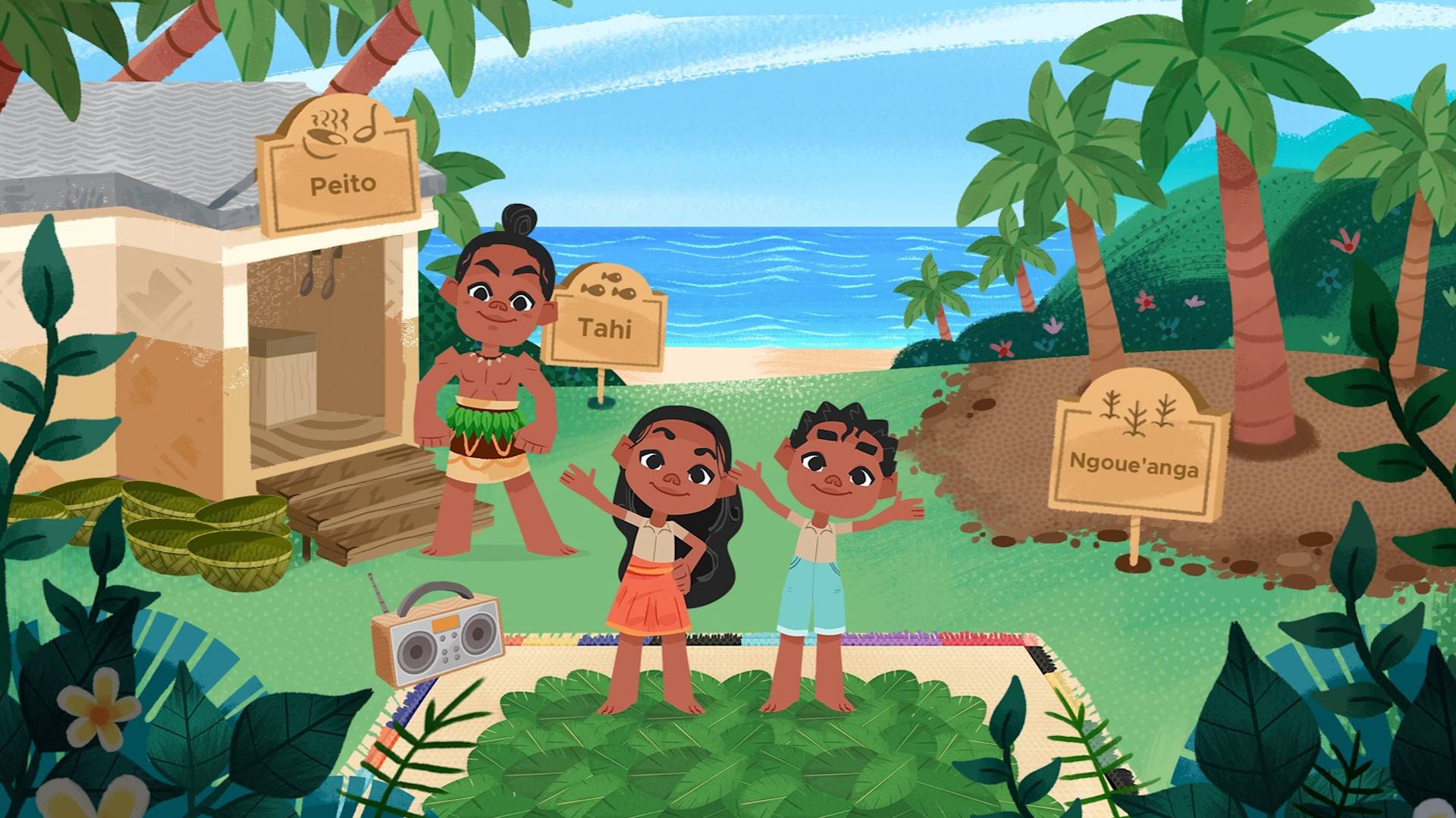 Three children stand on a woven mat near a beach, waving and smiling. One stands by a building labeled Peito, another by a sign reading Tahi, and tropical plants surround them. The ocean is visible in the background.