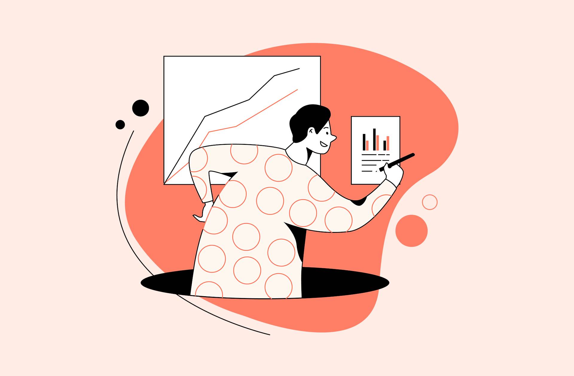 Illustration of a person in a polka-dot shirt analyzing charts, pointing at a bar graph on paper, with a large line graph on the wall behind them, set against an abstract orange background.