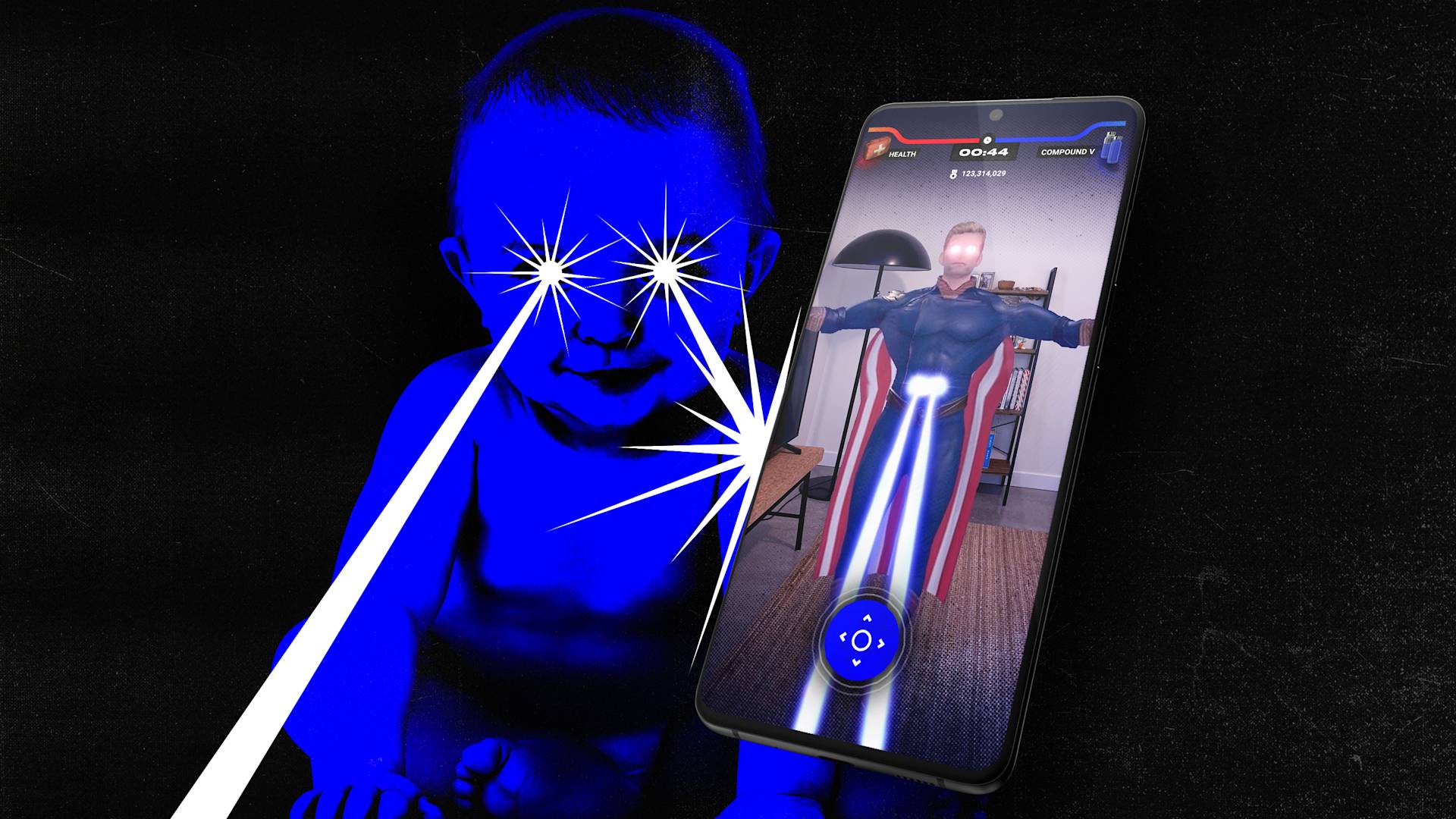 A stylized blue-tinted baby shoots white laser beams from its glowing eyes. In the foreground, a smartphone displays a superhero with glowing eyes and beams, mirroring the baby, set against a dark background.