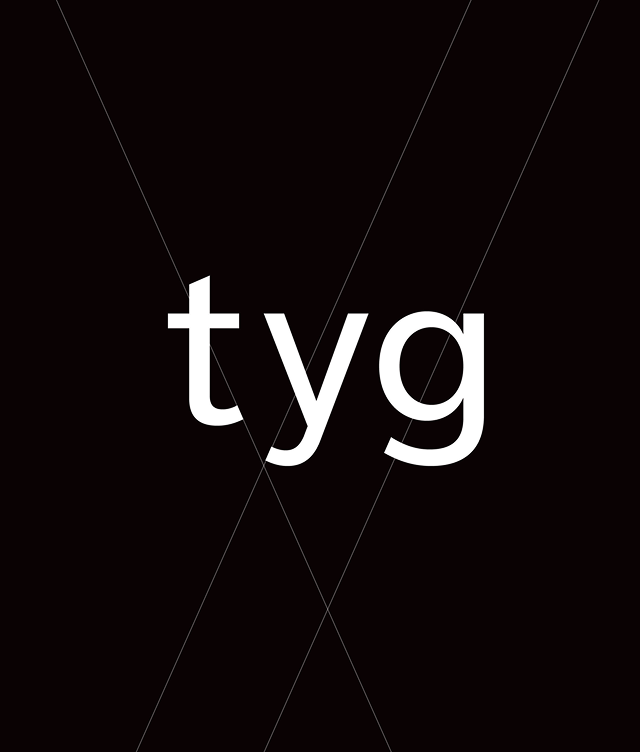 White lowercase letters tyg are centered on a solid black background. Thin diagonal lines cross the image from corner to corner, forming an X shape behind the text.