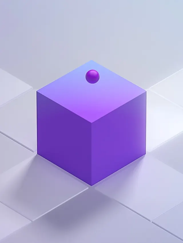 A purple 3D cube with a small purple sphere on top sits on a grid of white, glossy tiles, creating a modern, minimalist abstract scene.