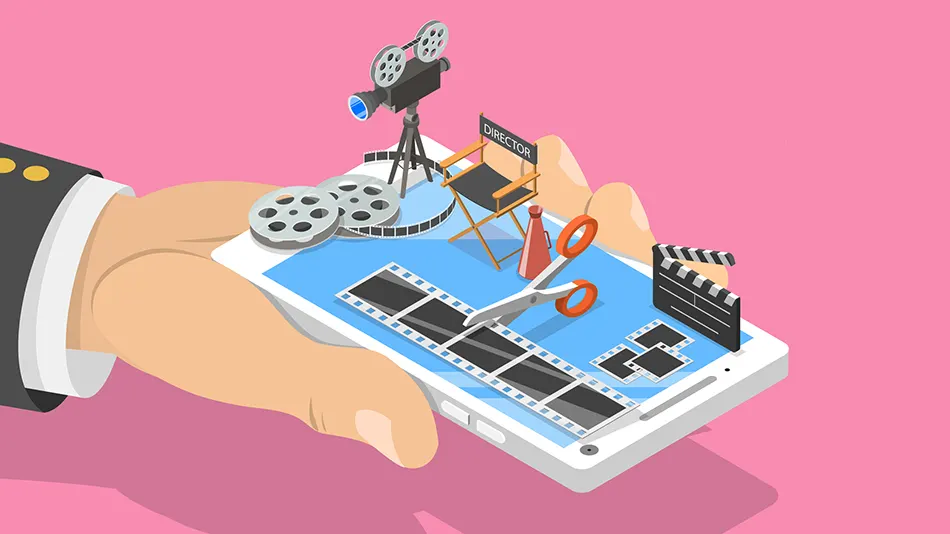 A hand holds a smartphone displaying film editing tools, including film reels, a movie camera, a directors chair, scissors, and a clapperboard, against a pink background.