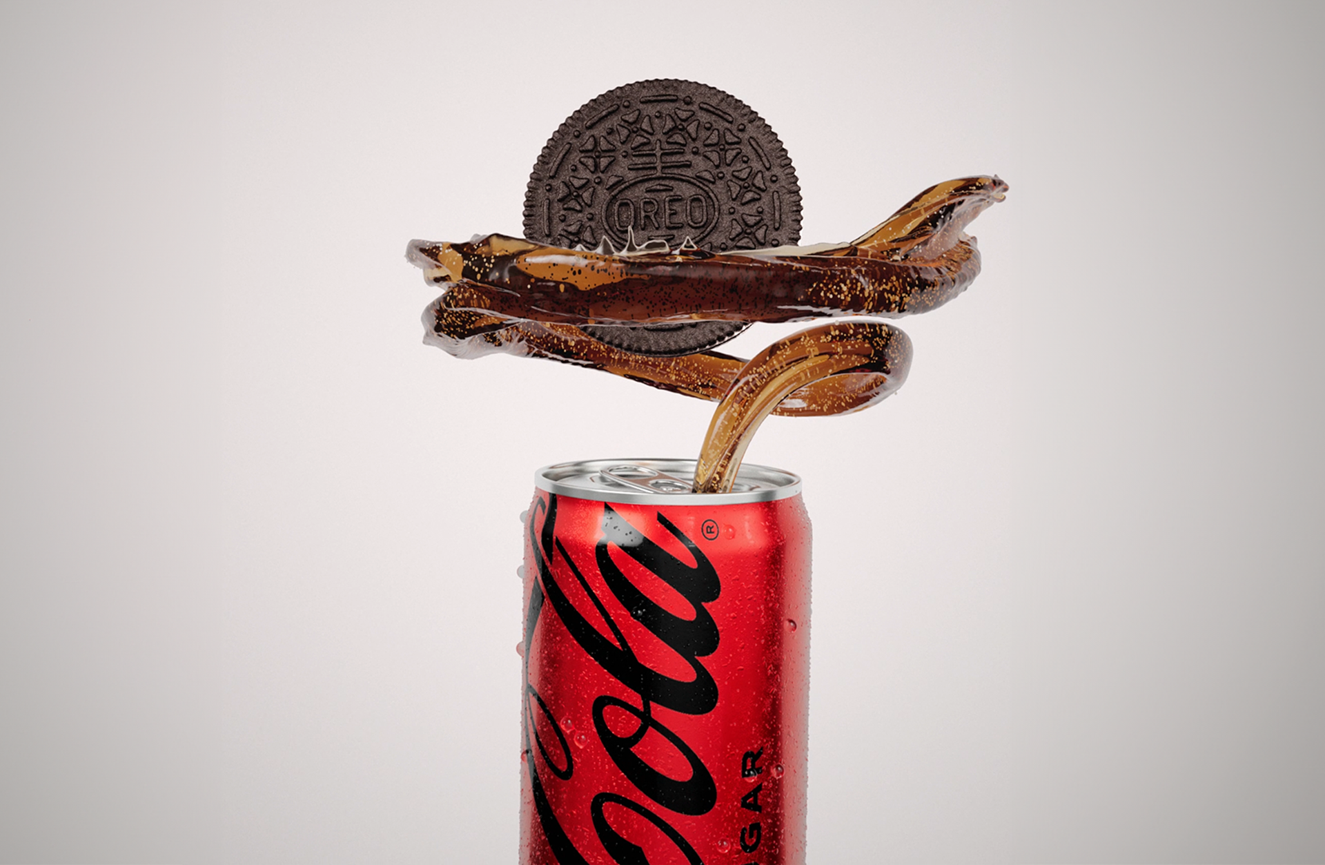 A swirling splash of cola emerges from an open Coca-Cola can, looping around a floating Oreo cookie against a plain background.