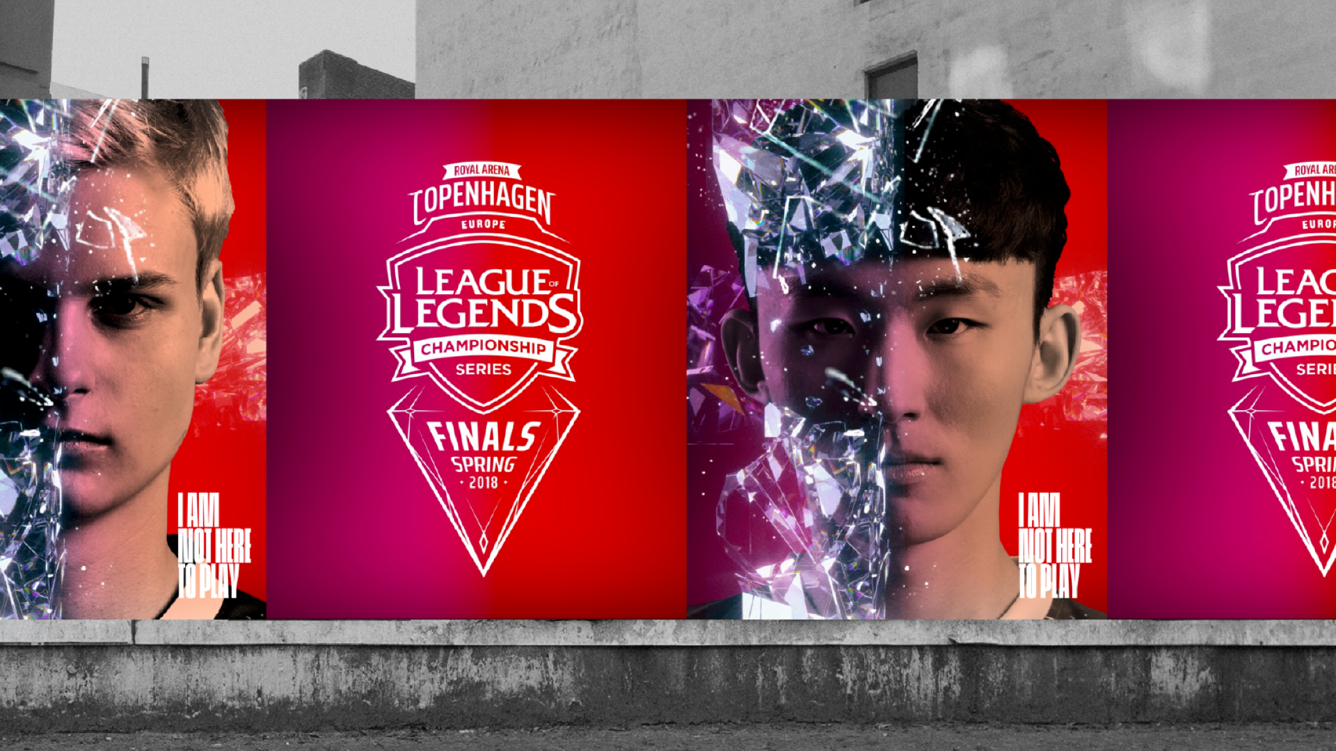 Three posters on a wall promote the League of Legends Championship Series Spring Finals 2018 in Copenhagen, each featuring a players face split by a shattered glass effect with the event logo in the center.