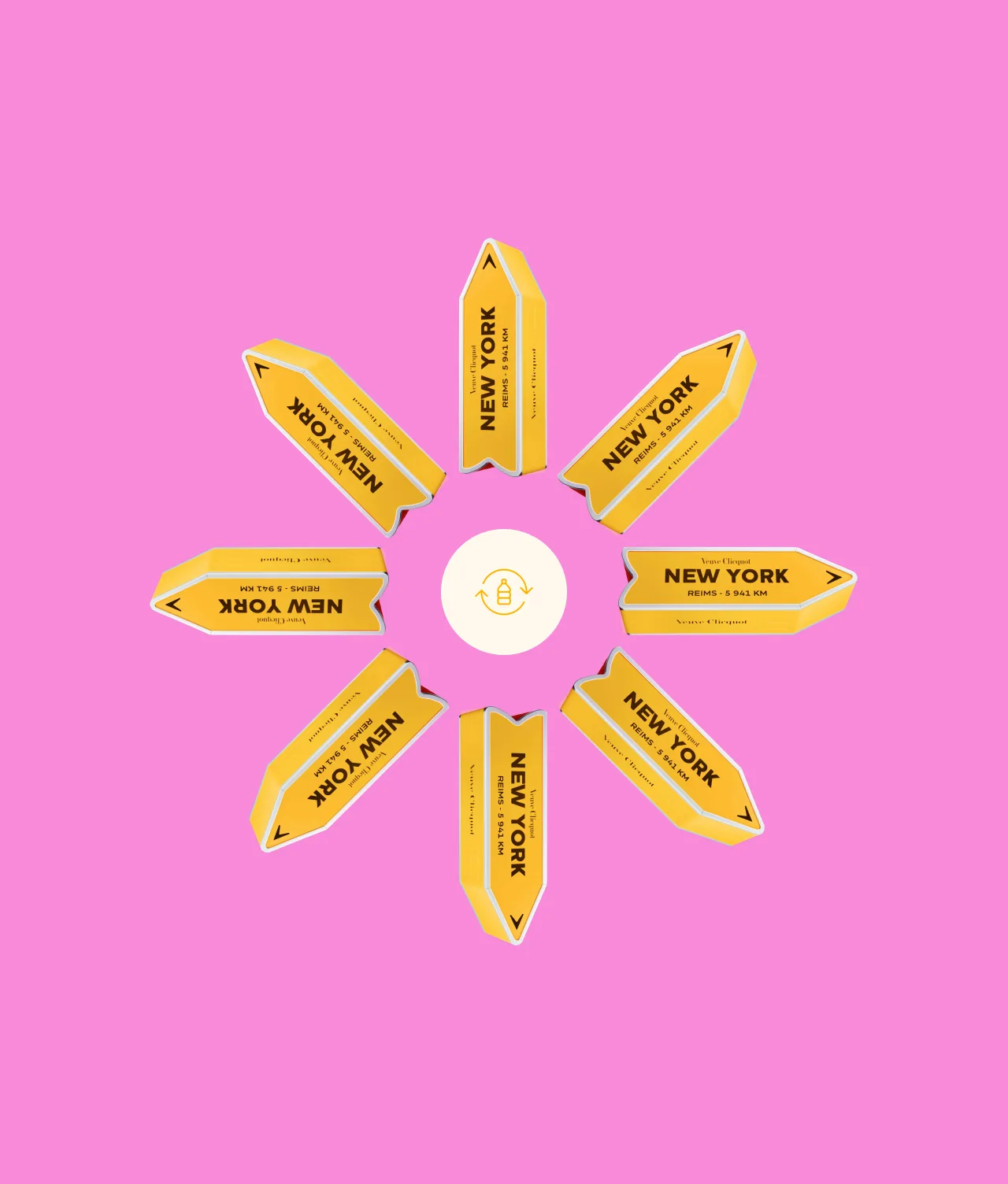 Yellow New York taxi signs arranged in a symmetrical starburst pattern around a circular logo on a pink background.