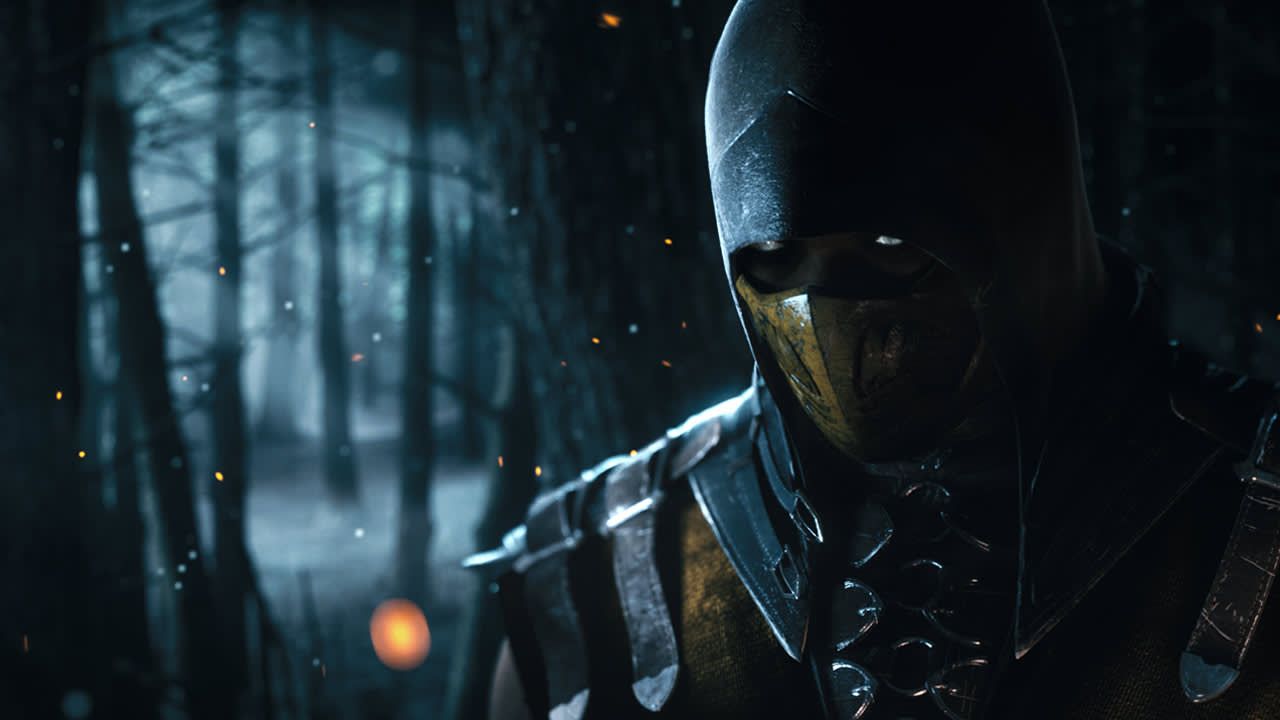 A masked, armored figure with a hood stands in a dark, misty forest, lit by eerie blue light and surrounded by floating embers. The character’s eyes glow faintly, creating a mysterious and intense atmosphere.