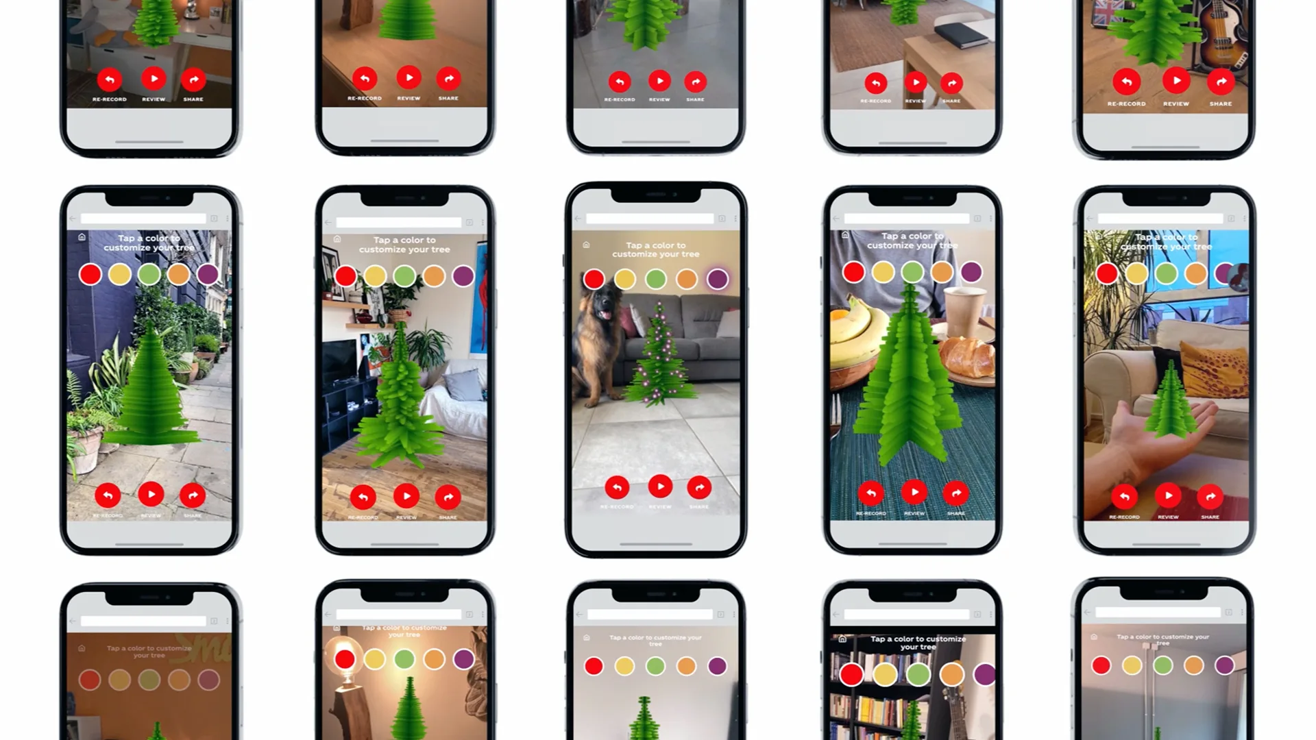 Fifteen smartphones display an augmented reality app showing a virtual green Christmas tree in various real-world indoor settings, with color selection and control buttons visible on each screen.