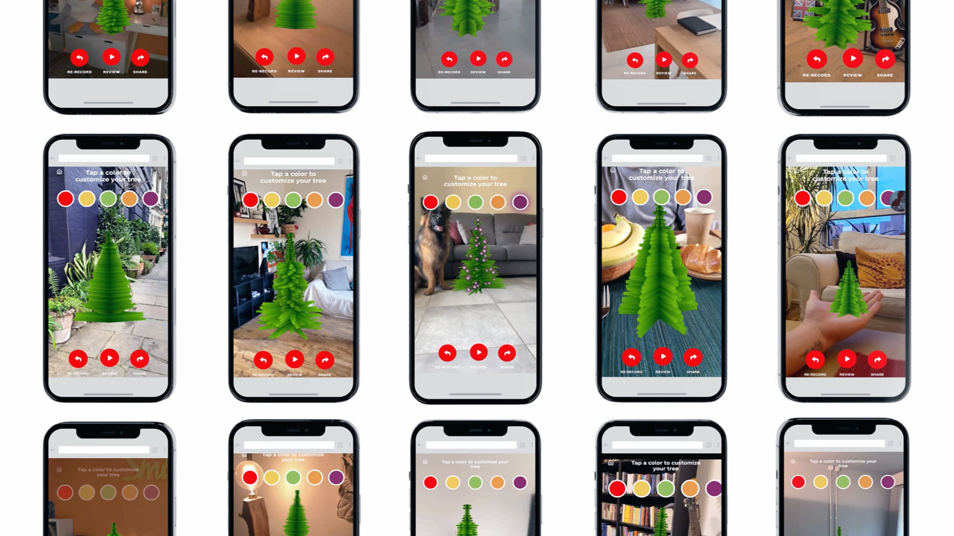Fifteen smartphones display an augmented reality app showing a virtual green Christmas tree in various real-world indoor settings, with color selection and control buttons visible on each screen.
