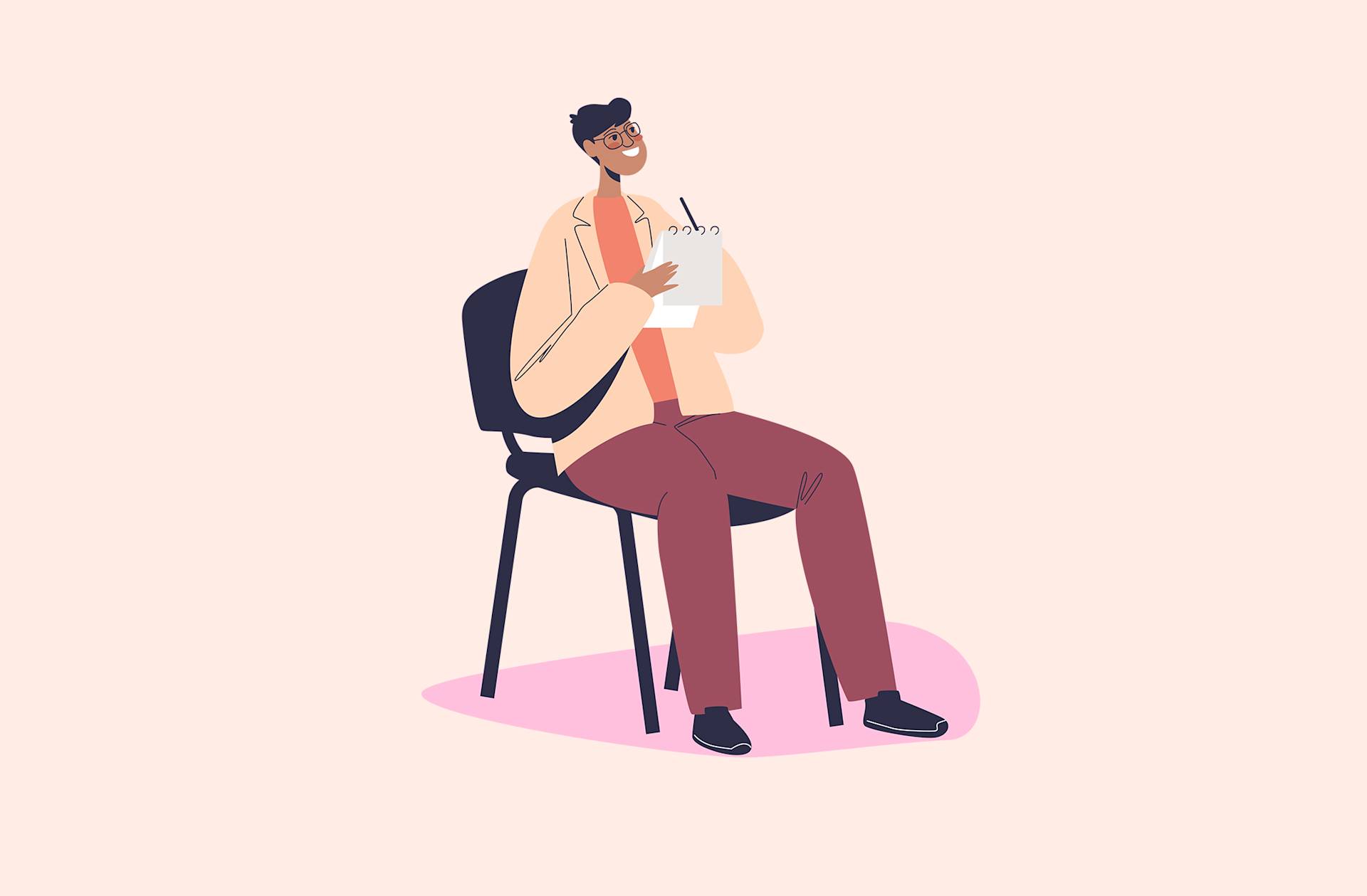 Illustration of a smiling person with glasses sitting on a chair, wearing a blazer and holding a notepad and pen, appearing to take notes or interview someone.