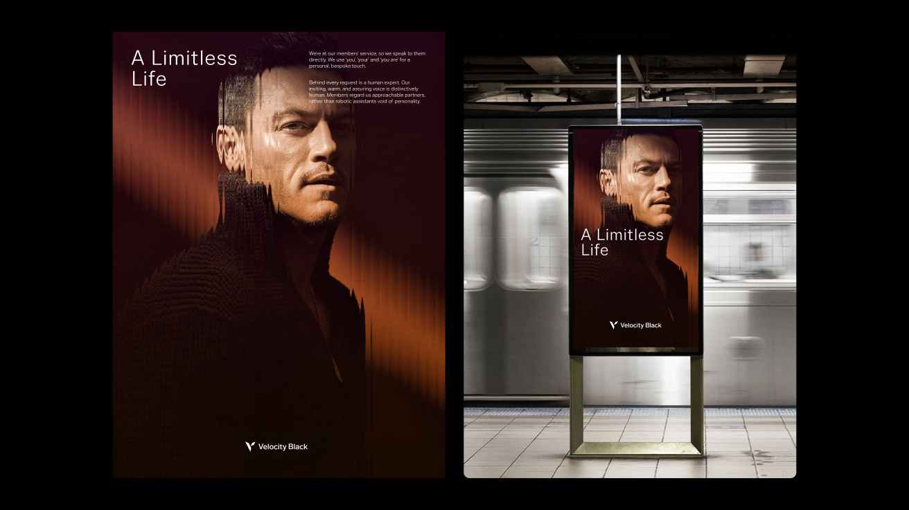 A poster shows a serious man in a dark jacket with the text A Limitless Life and Velocity Black on it. The poster is displayed on a digital board in a subway station as a train passes by.