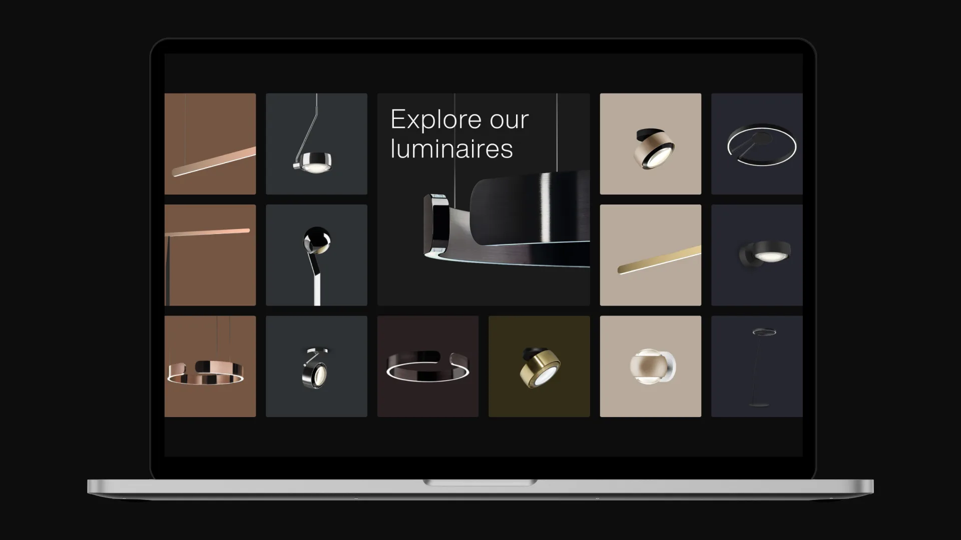 A laptop screen displays a grid of modern light fixtures with the text Explore our luminaires in the center. The background is dark, highlighting various lamp designs in different colors and shapes.