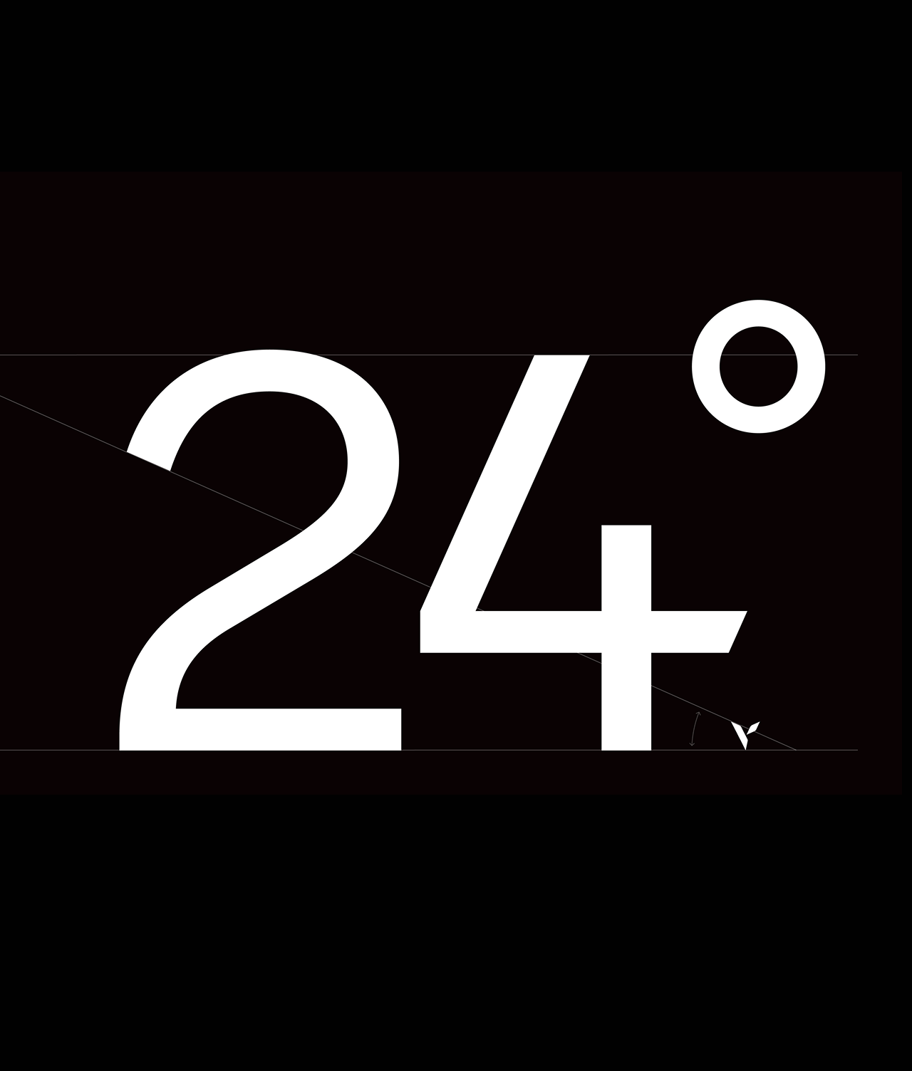 Large white number 24 with a degree symbol is displayed on a black background. Thin white diagonal and horizontal lines cross the image, intersecting near the bottom right corner.