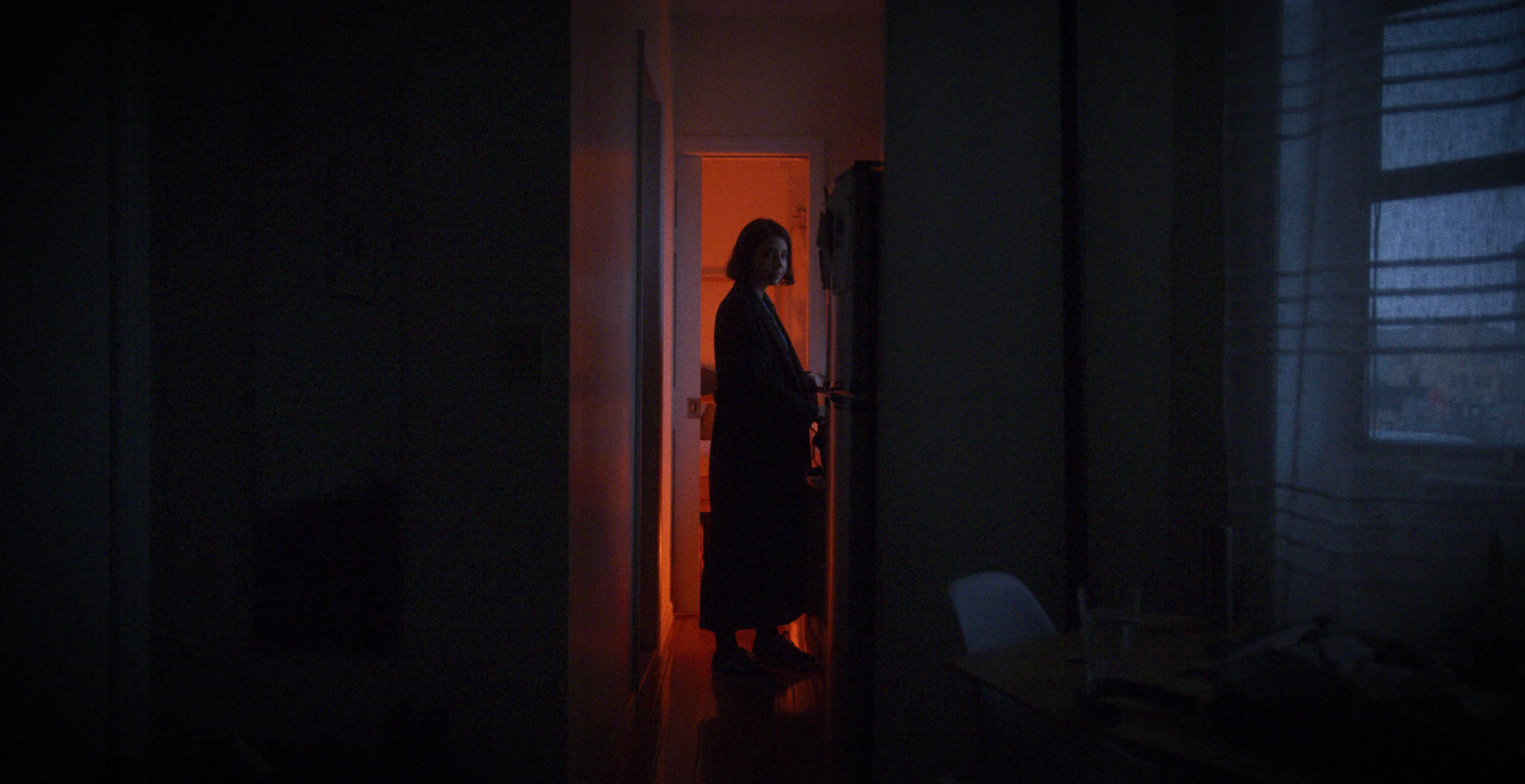 A person in a dark hallway stands by an open refrigerator, illuminated by its light. A room behind glows with a red-orange hue, contrasting with the dim surroundings. The scene feels quiet and contemplative.