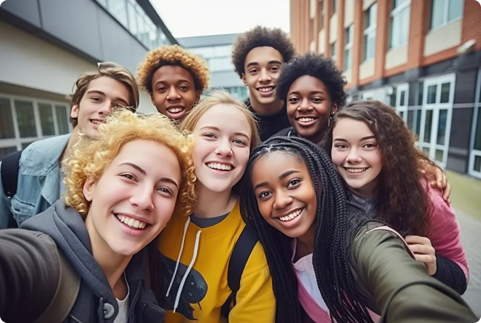 A diverse group of smiling teenagers takes a selfie together outside a modern school building, enjoying each others company on a bright day.