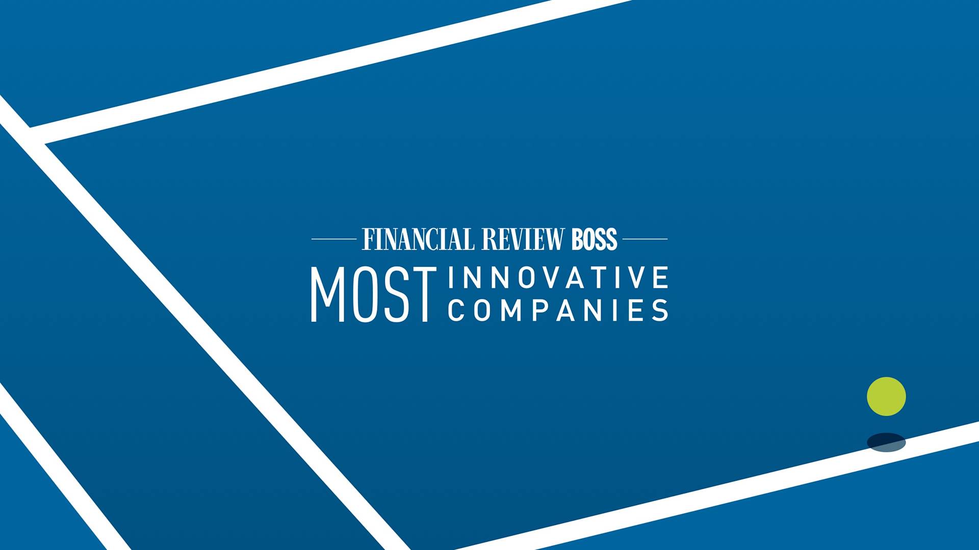 Blue graphic background with white diagonal lines, a small green circle at the lower right, and the text Financial Review BOSS Most Innovative Companies in the center.