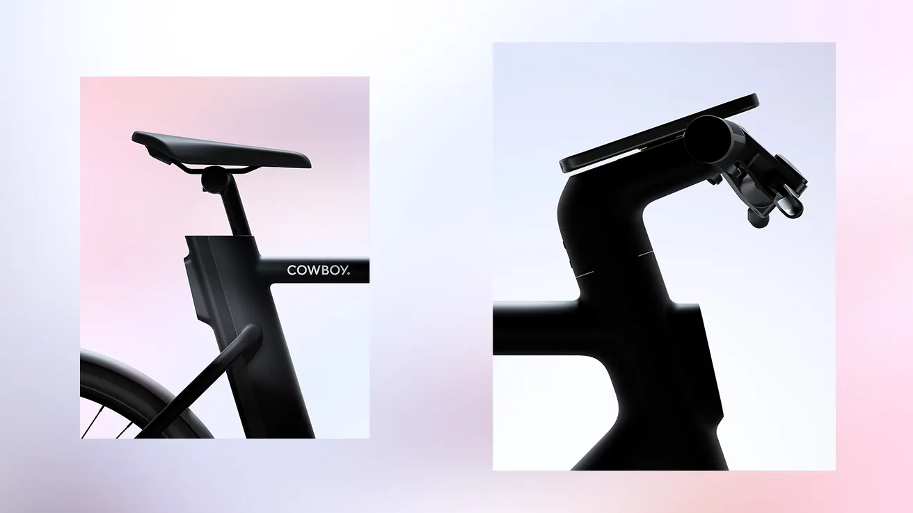 Side-by-side images of a sleek, modern black bicycle. The left image shows the saddle and frame with COWBOY. branding; the right image focuses on the handlebars and integrated display, all set against a soft gradient background.