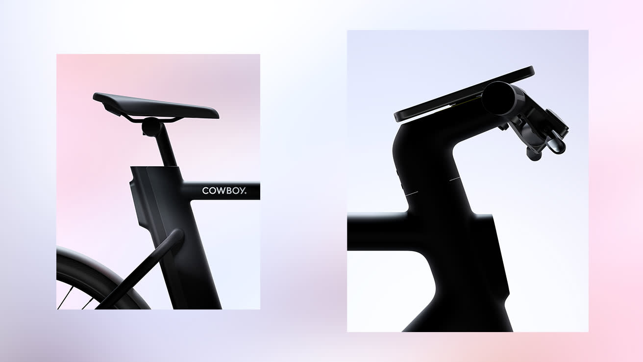 Side-by-side images of a sleek, modern black bicycle. The left image shows the saddle and frame with COWBOY. branding; the right image focuses on the handlebars and integrated display, all set against a soft gradient background.