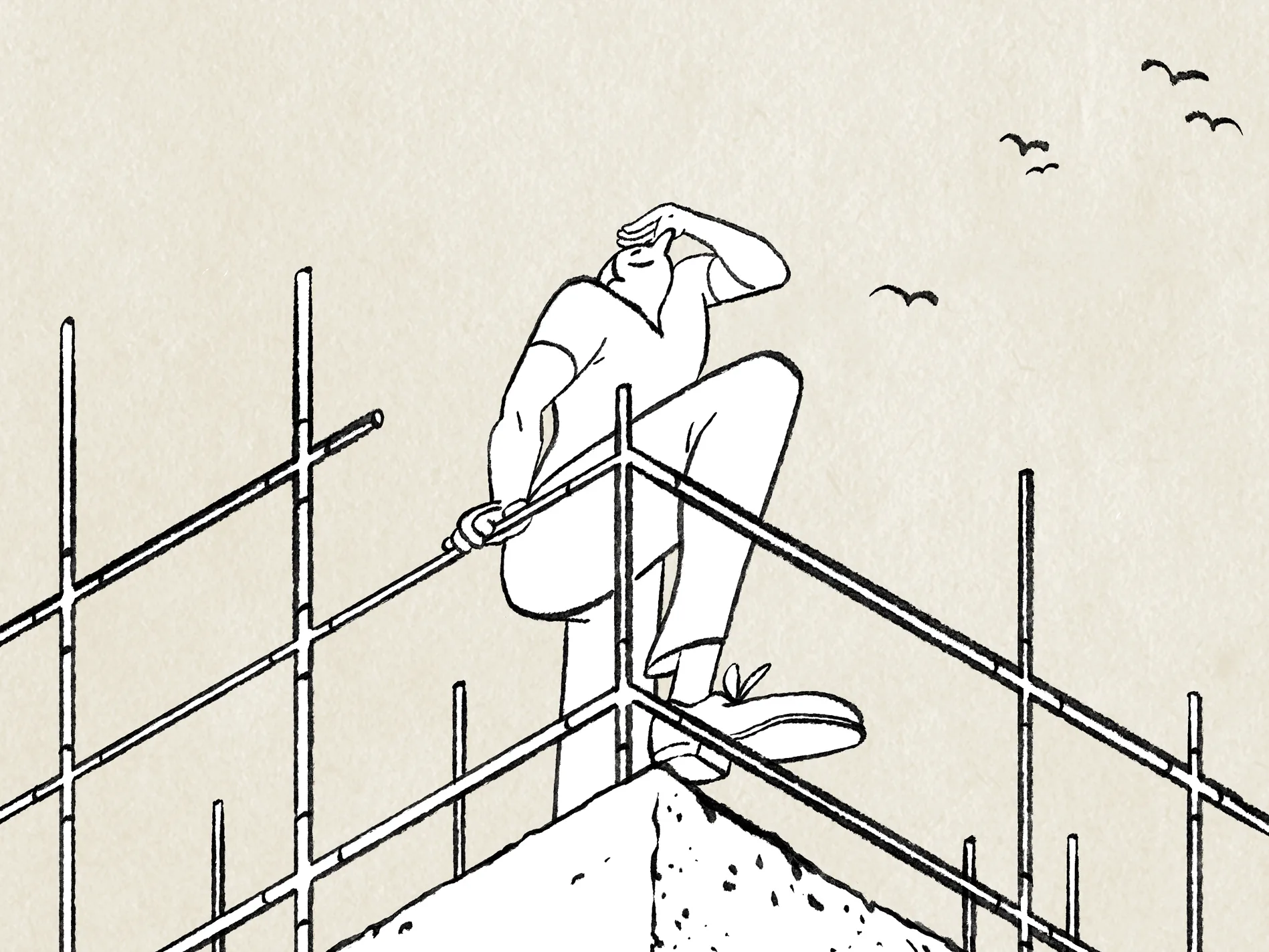 A person stands on a scaffolding structure, shielding their eyes and looking into the distance. Birds fly in the sky, and the background is beige with a simple line-drawn style.