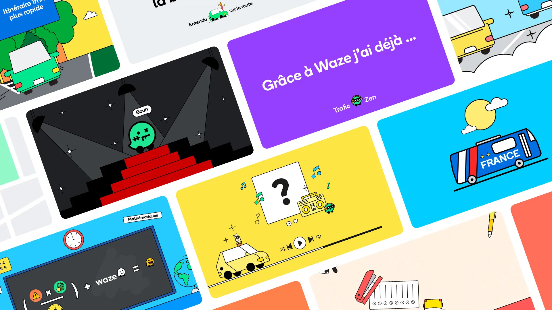 A collage of colorful illustrated cards featuring cars, roads, maps, clocks, and playful graphics, with some text in French, including Grâce à Waze j’ai déjà... on a purple background.