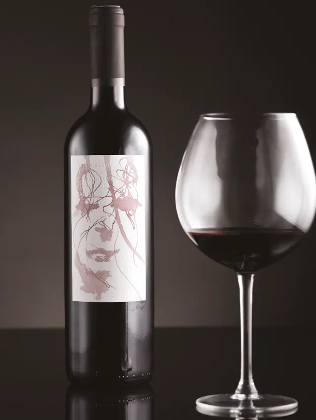 A bottle of red wine with an artistic label stands next to a large wine glass containing red wine, set against a dark, reflective background.