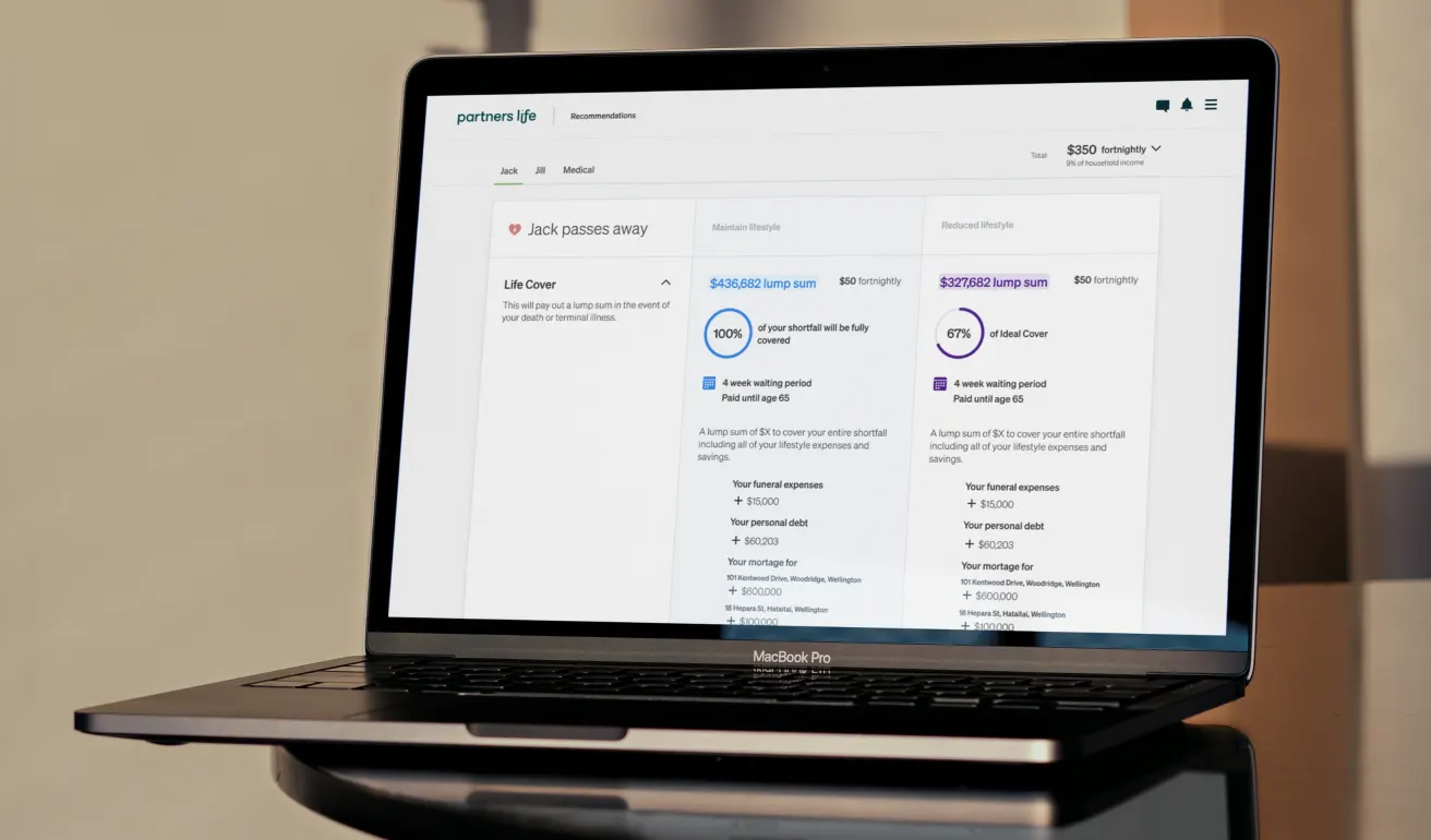 A laptop displaying a life insurance recommendation page, showing coverage options and payout amounts, with headings like Jack passes away and details such as lump sum amounts and coverage percentages.