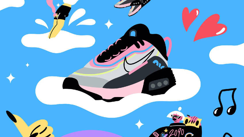 A colorful, stylized sneaker floats on a white cloud against a bright blue background, surrounded by hearts, music notes, and playful cartoon hands in various gestures.